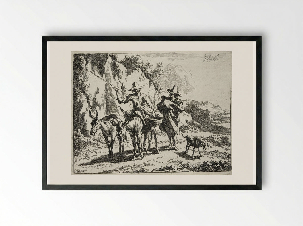 Herdsman Addressing a Young Herdsman Riding a Donkey - Johannes Visscher - Framed Print Black