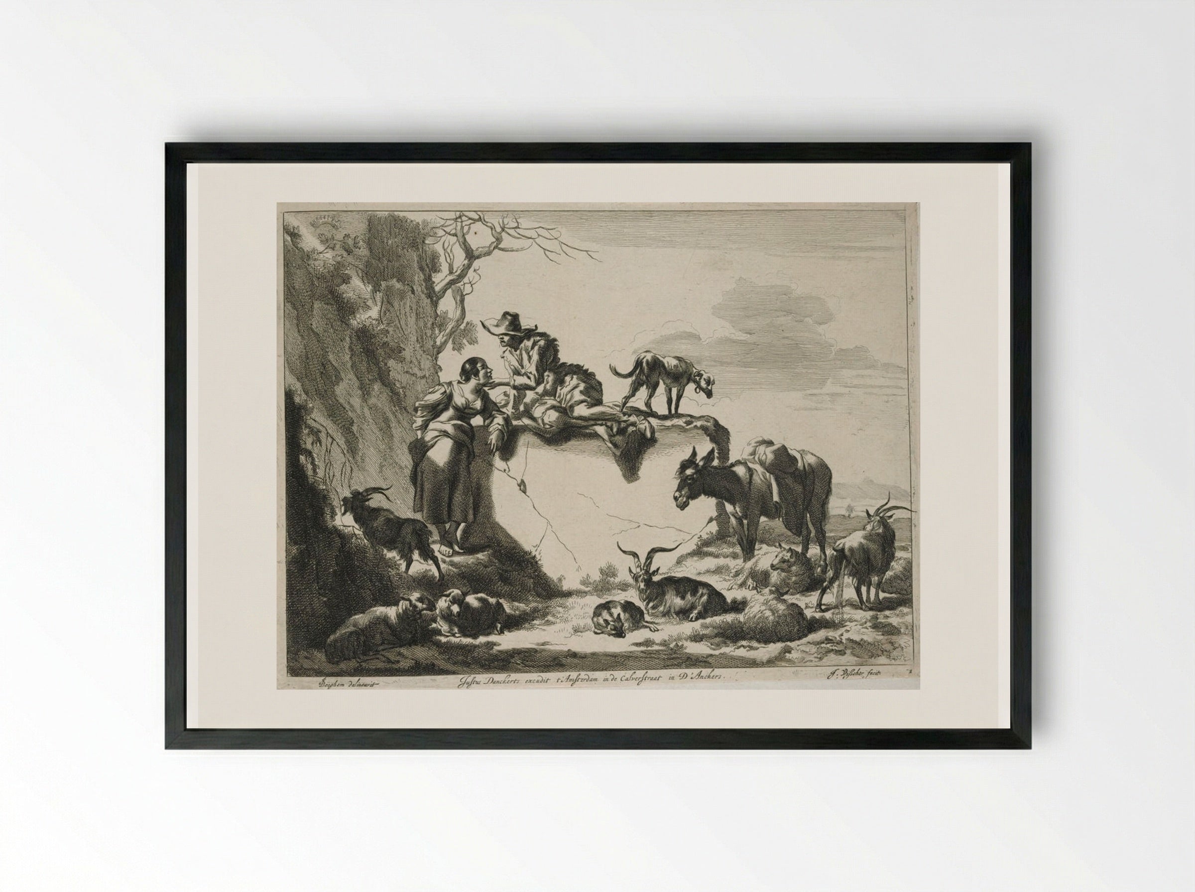 Herdsman Caressing a Girl - Johannes Visscher - Framed Print Black