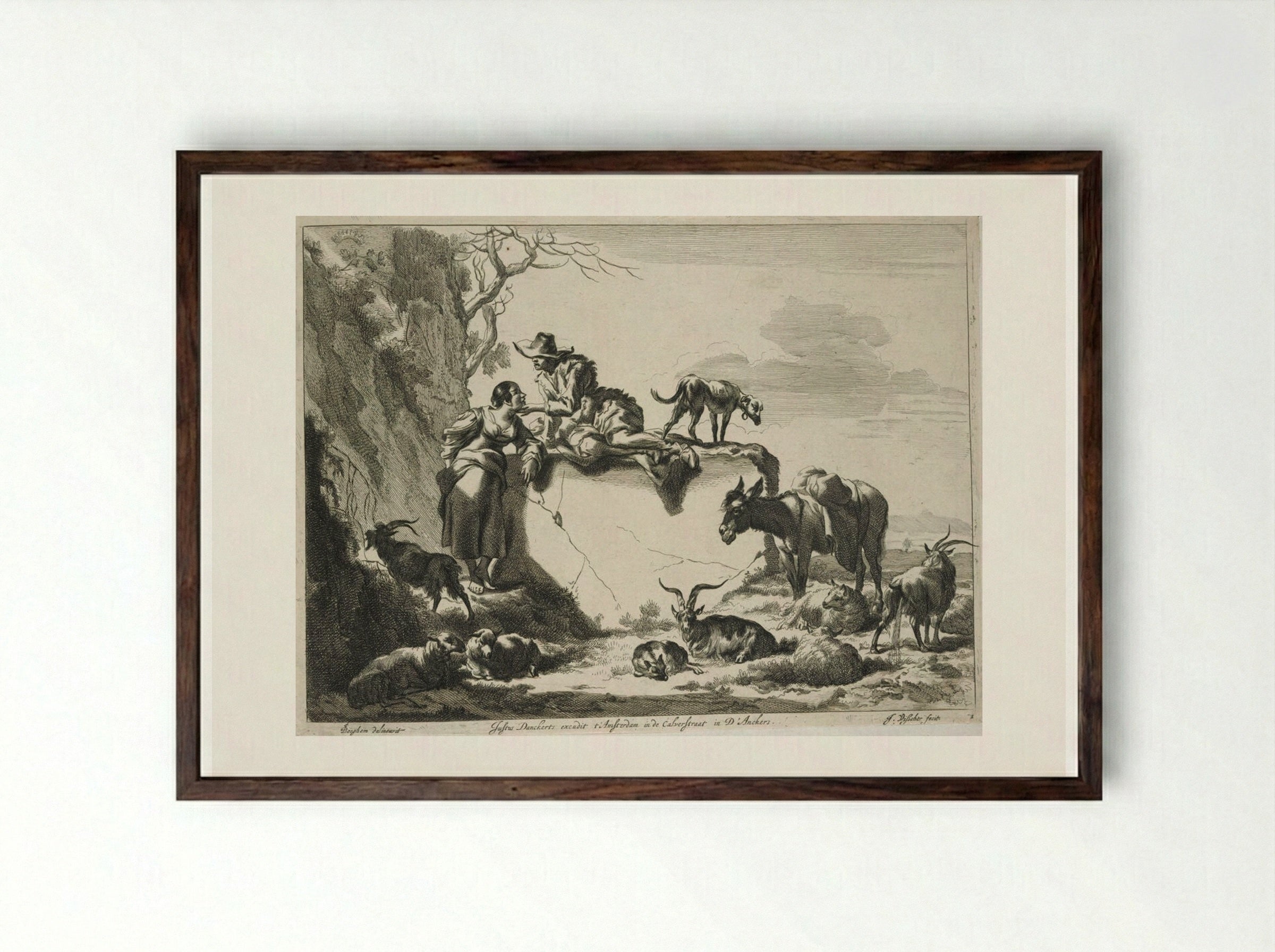 Herdsman Caressing a Girl - Johannes Visscher - Framed Print Dark Wood