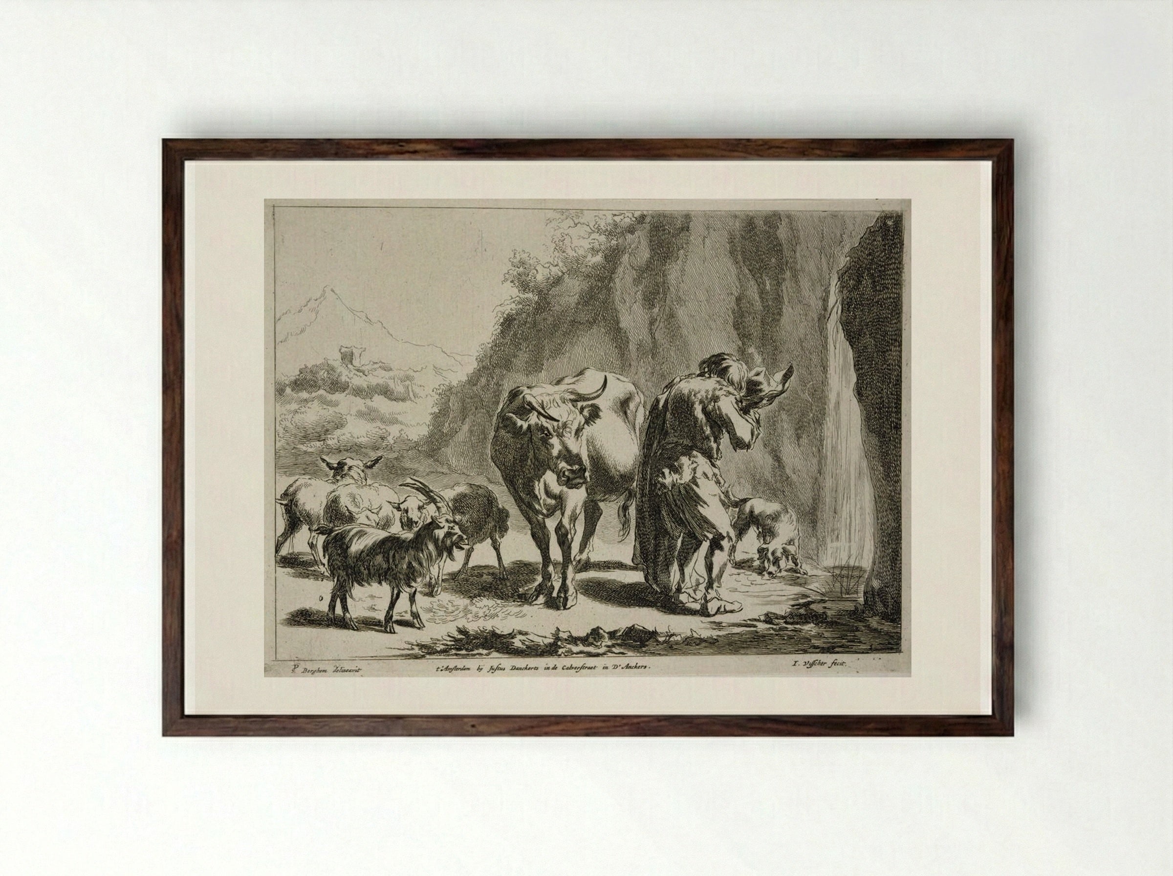 Herdsman Drinking from his Hat - Johannes Visscher - Framed Print Dark Wood