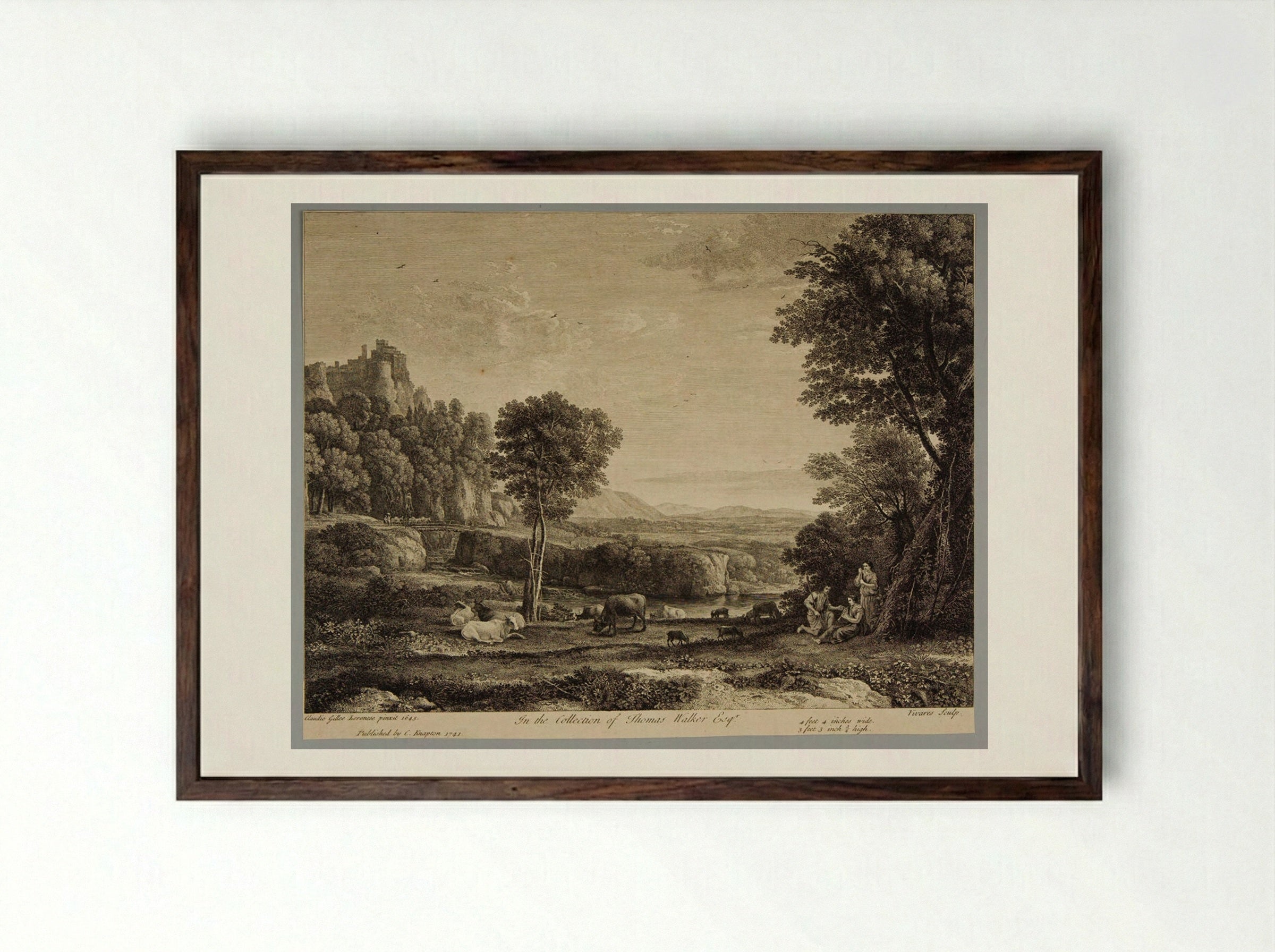 Herdsman Instructing a Shepherdess to Play on the Pipe - François Vivares - Framed Print Dark Wood