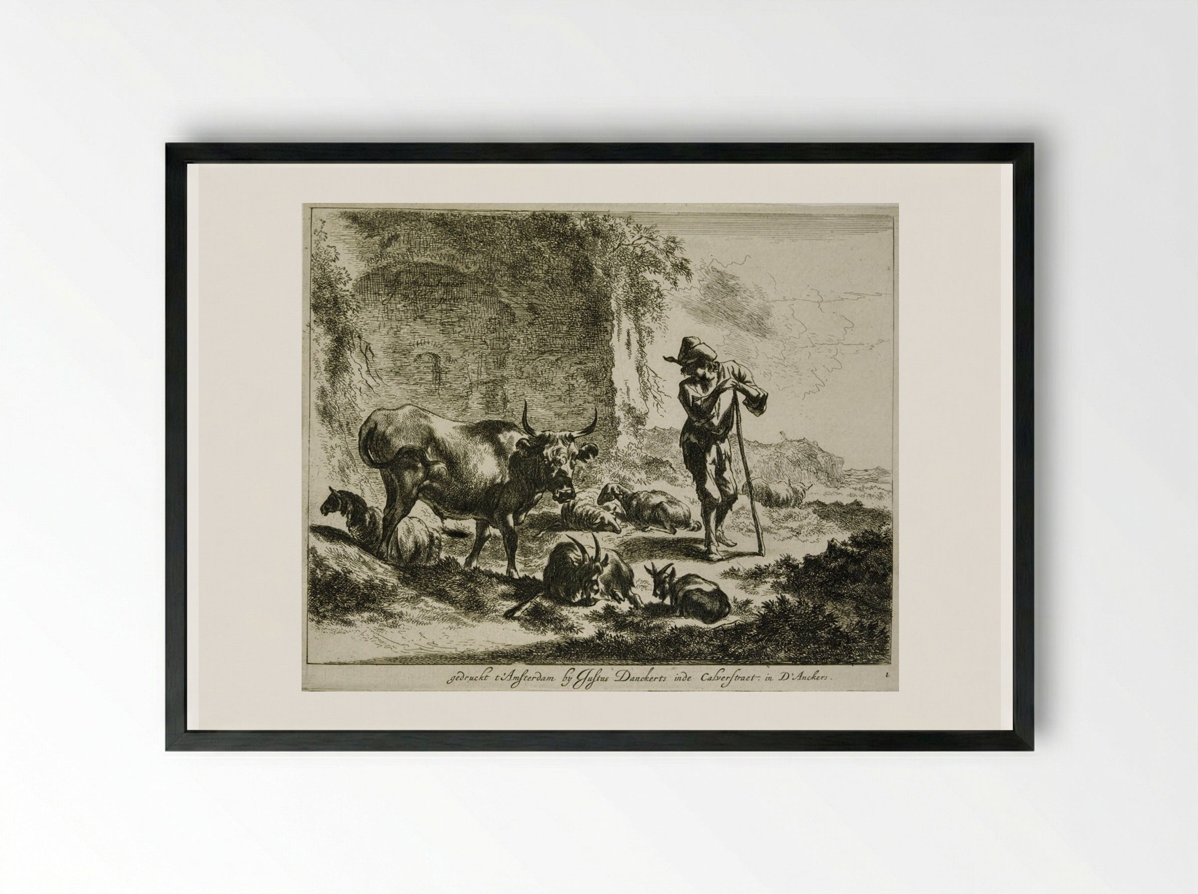 Herdsman Resting on a Staff Near a Ruin - Johannes Visscher - Framed Print Black