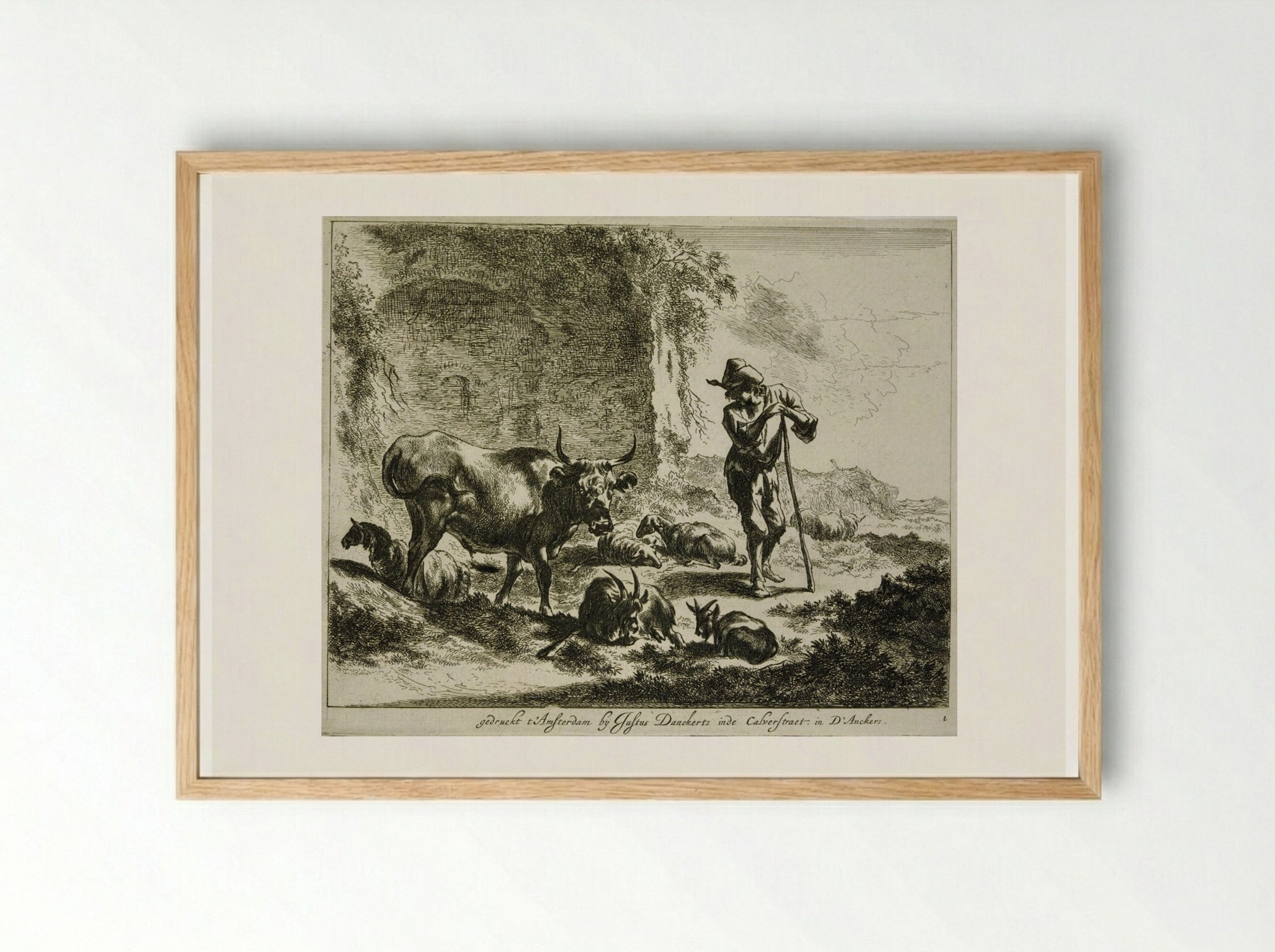 Herdsman Resting on a Staff Near a Ruin - Johannes Visscher - Framed Print Wood
