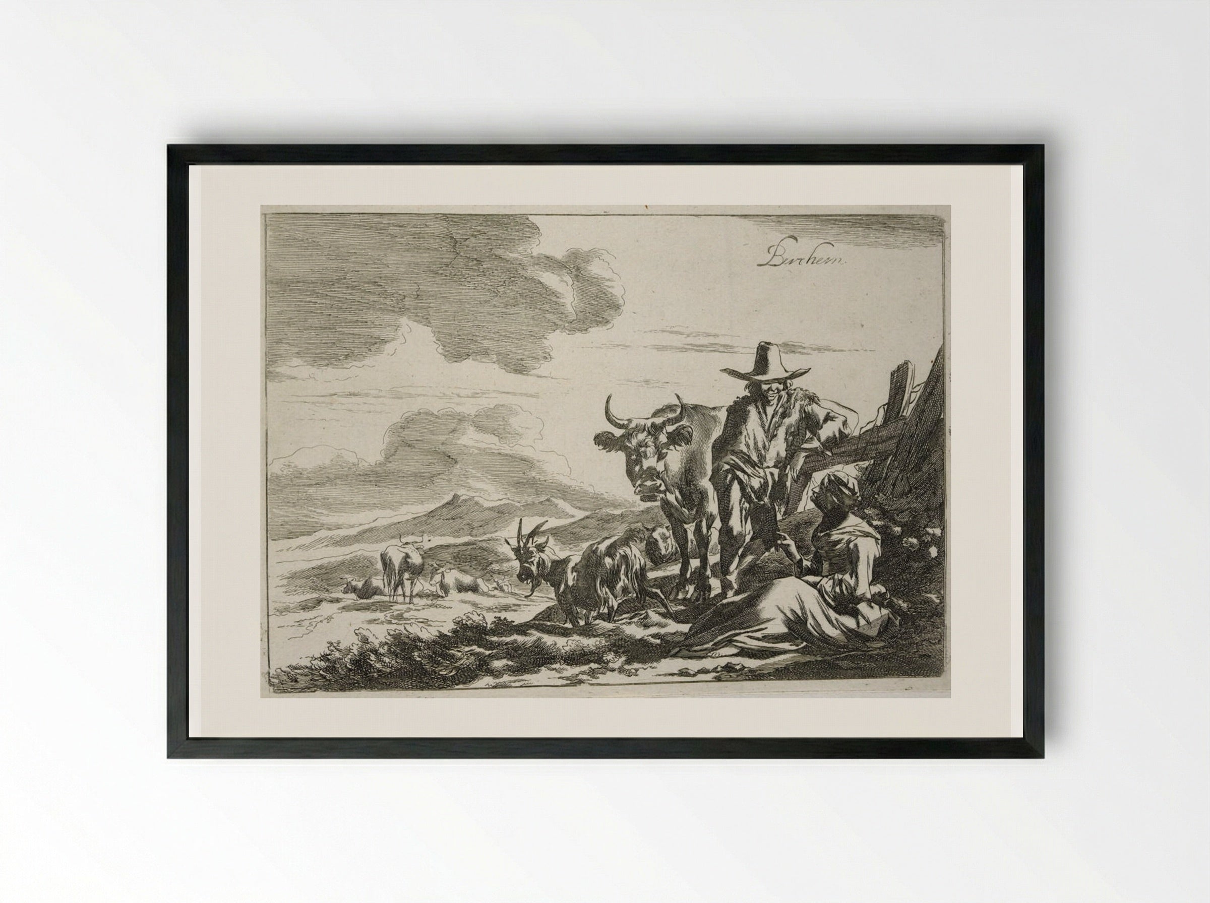 Herdsman Talking to a Seated Woman - Johannes Visscher - Framed Print Black