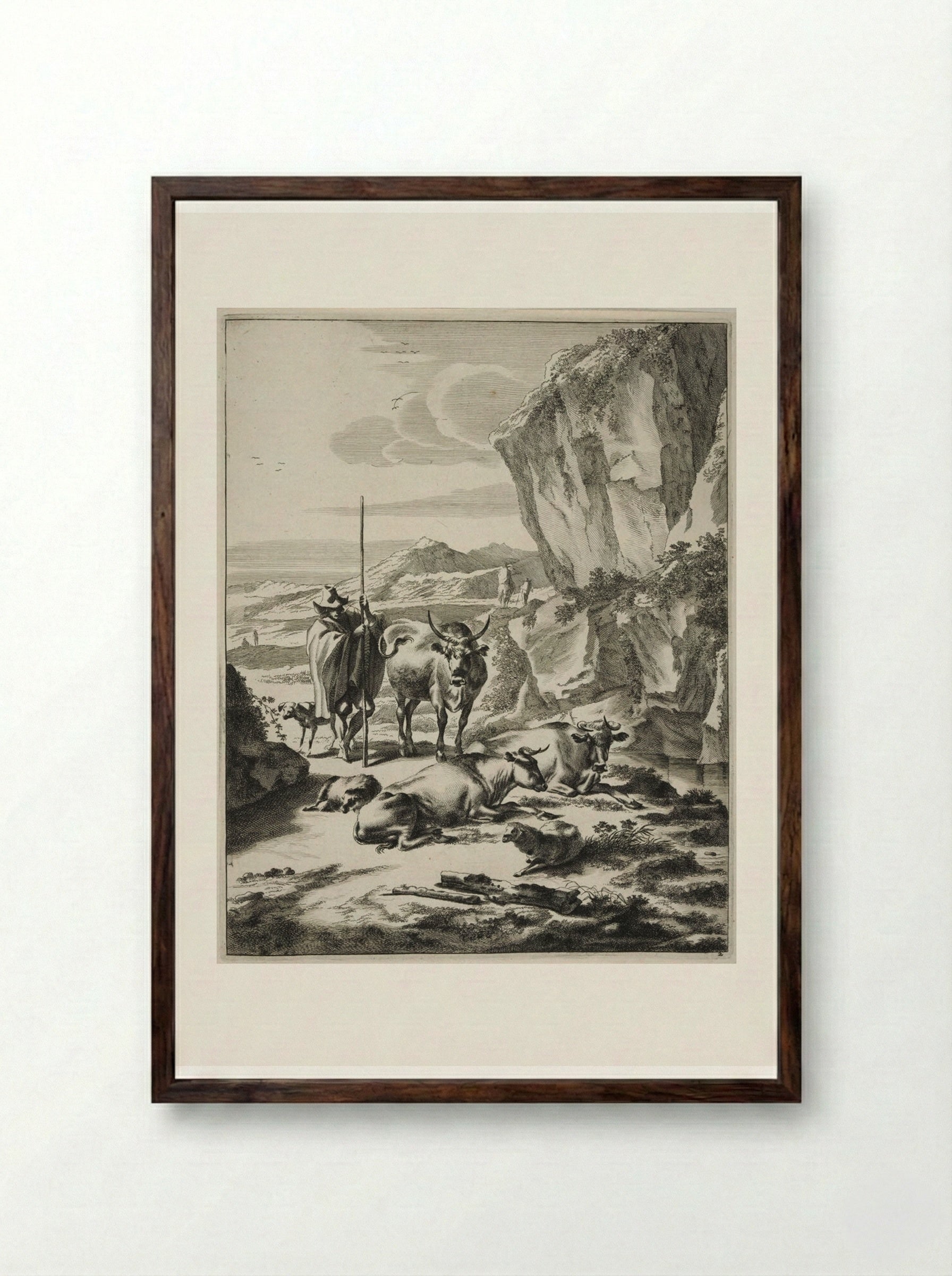 Herdsman with his Staff, in Rocky Landscape - Johannes Visscher - Framed Print Dark Wood