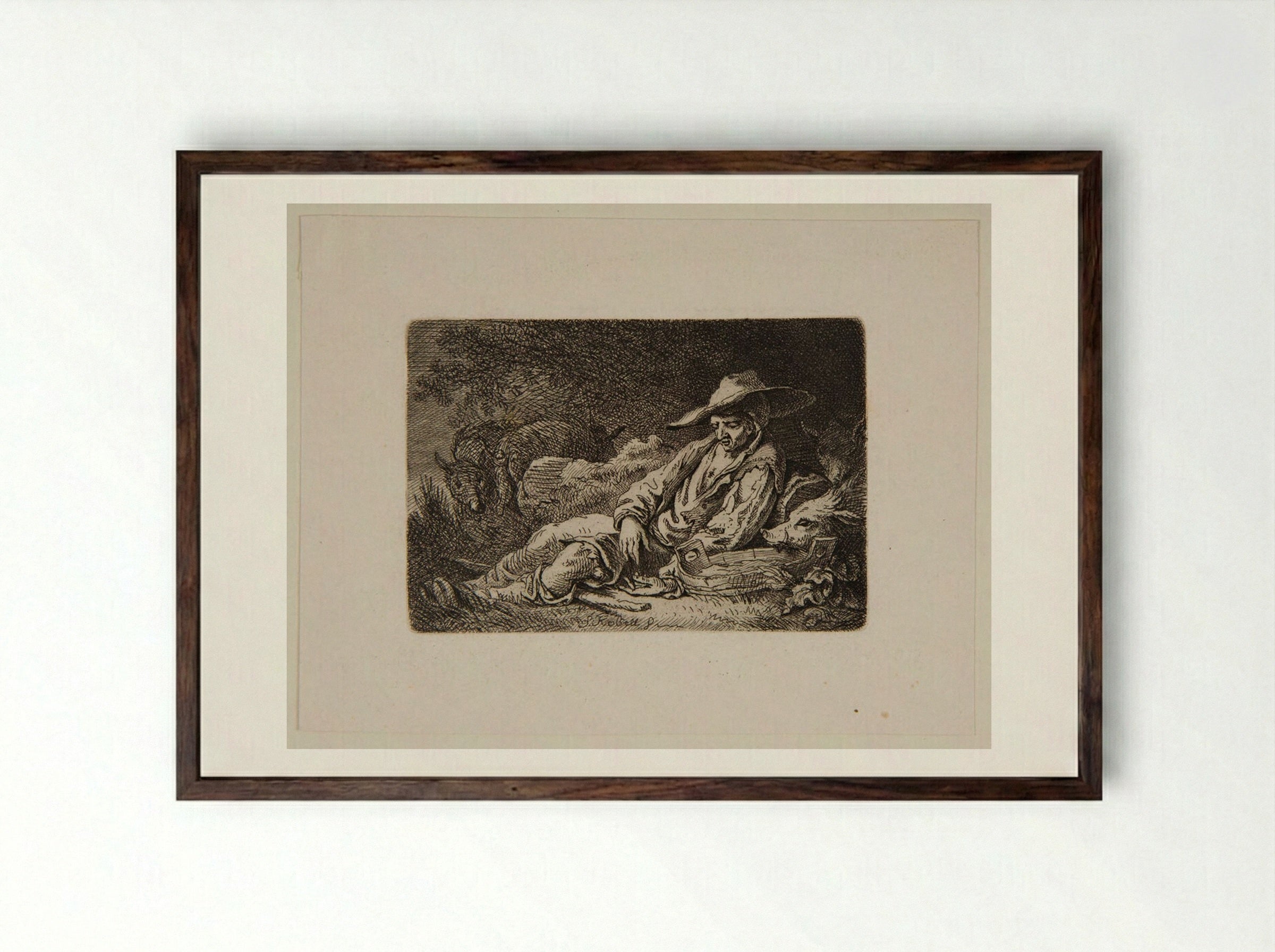 Herdsman with his Swine - Ferdinand Kobell - Framed Print Dark Wood
