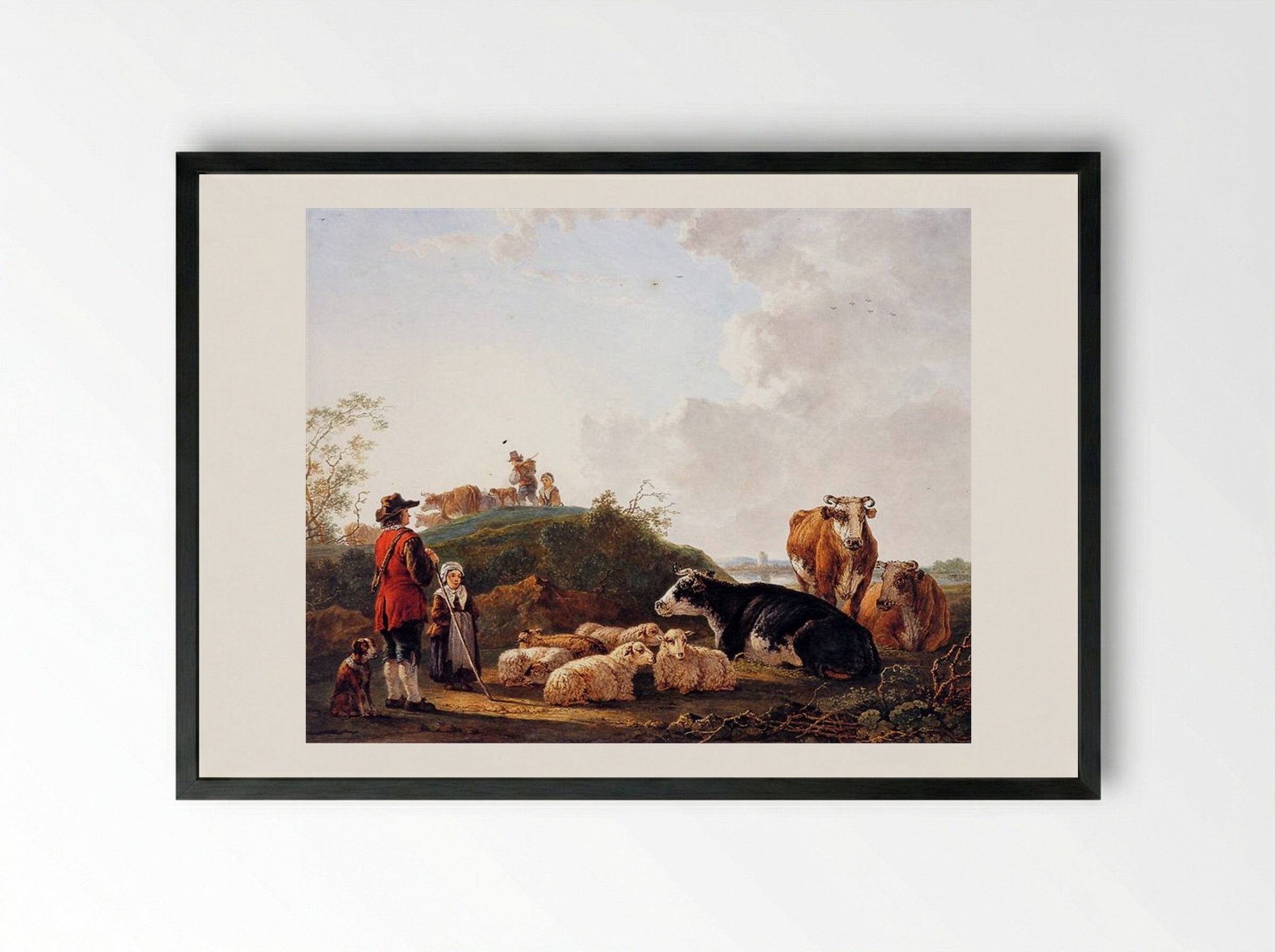 Herdsman with resting cattle - Jacob van Strij - Framed Print Black
