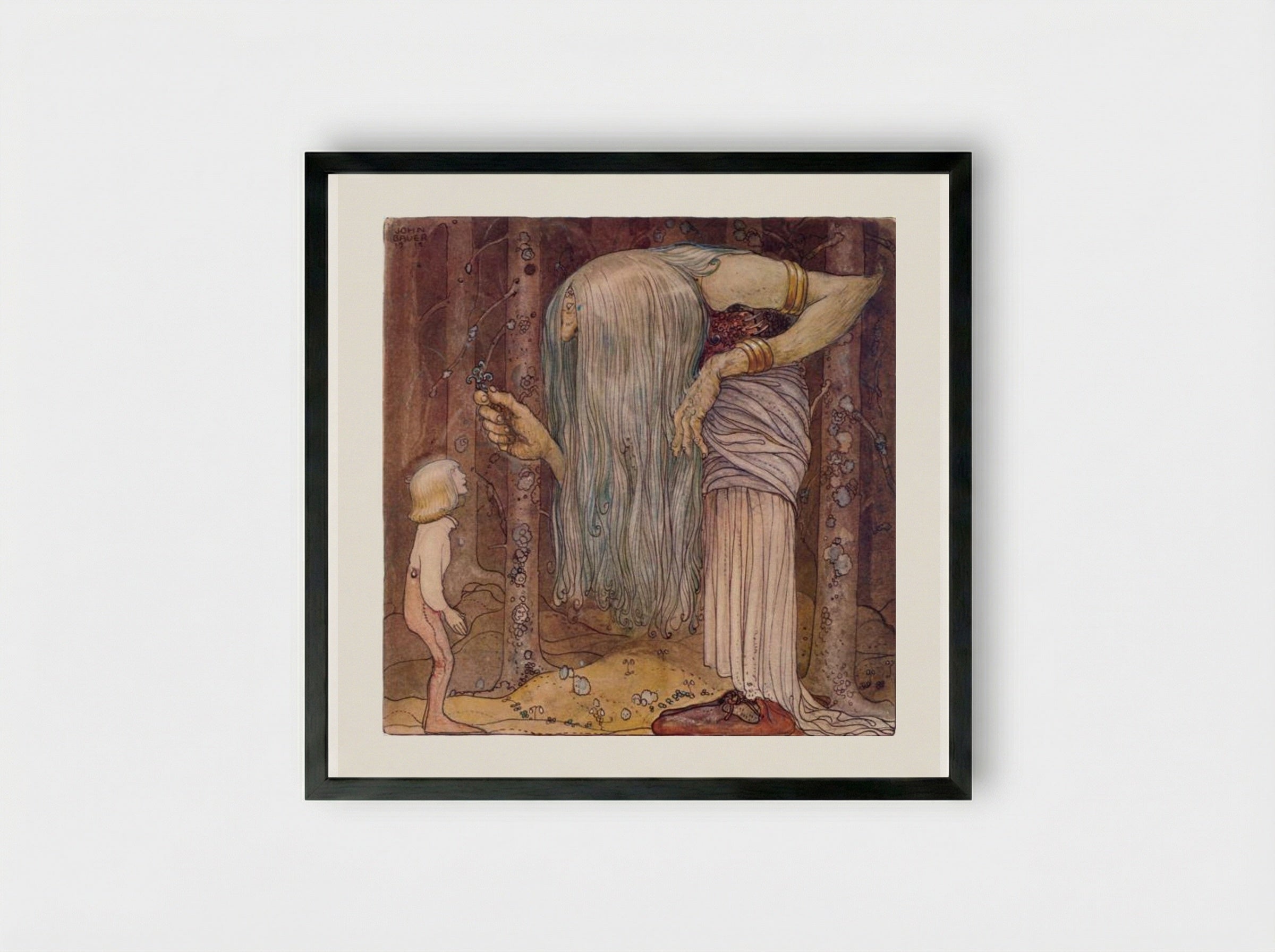 Here is a piece of a troll herb which nobody else but me can find - John Bauer - Framed Print Black