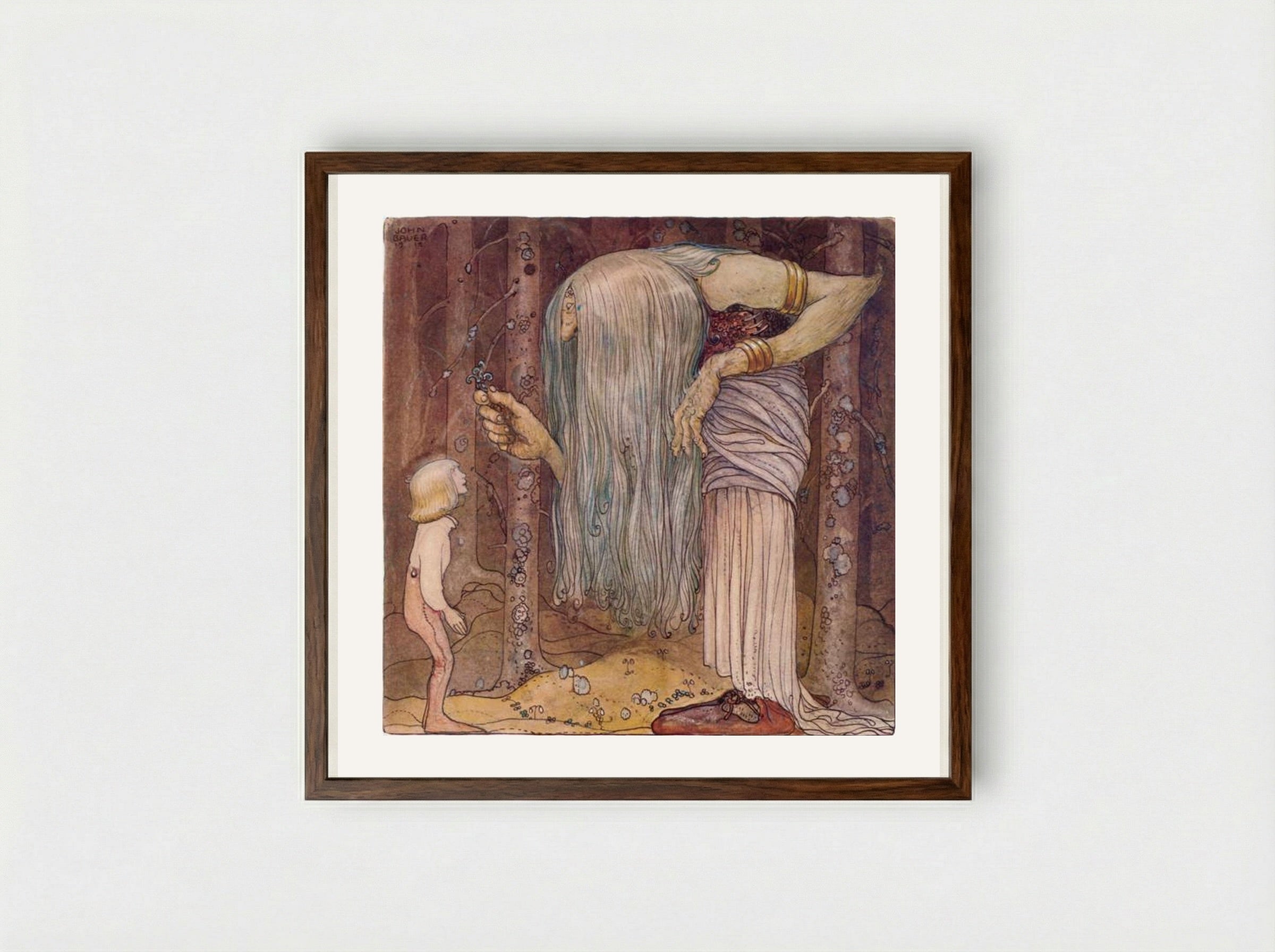 Here is a piece of a troll herb which nobody else but me can find - John Bauer - Framed Print Dark Wood