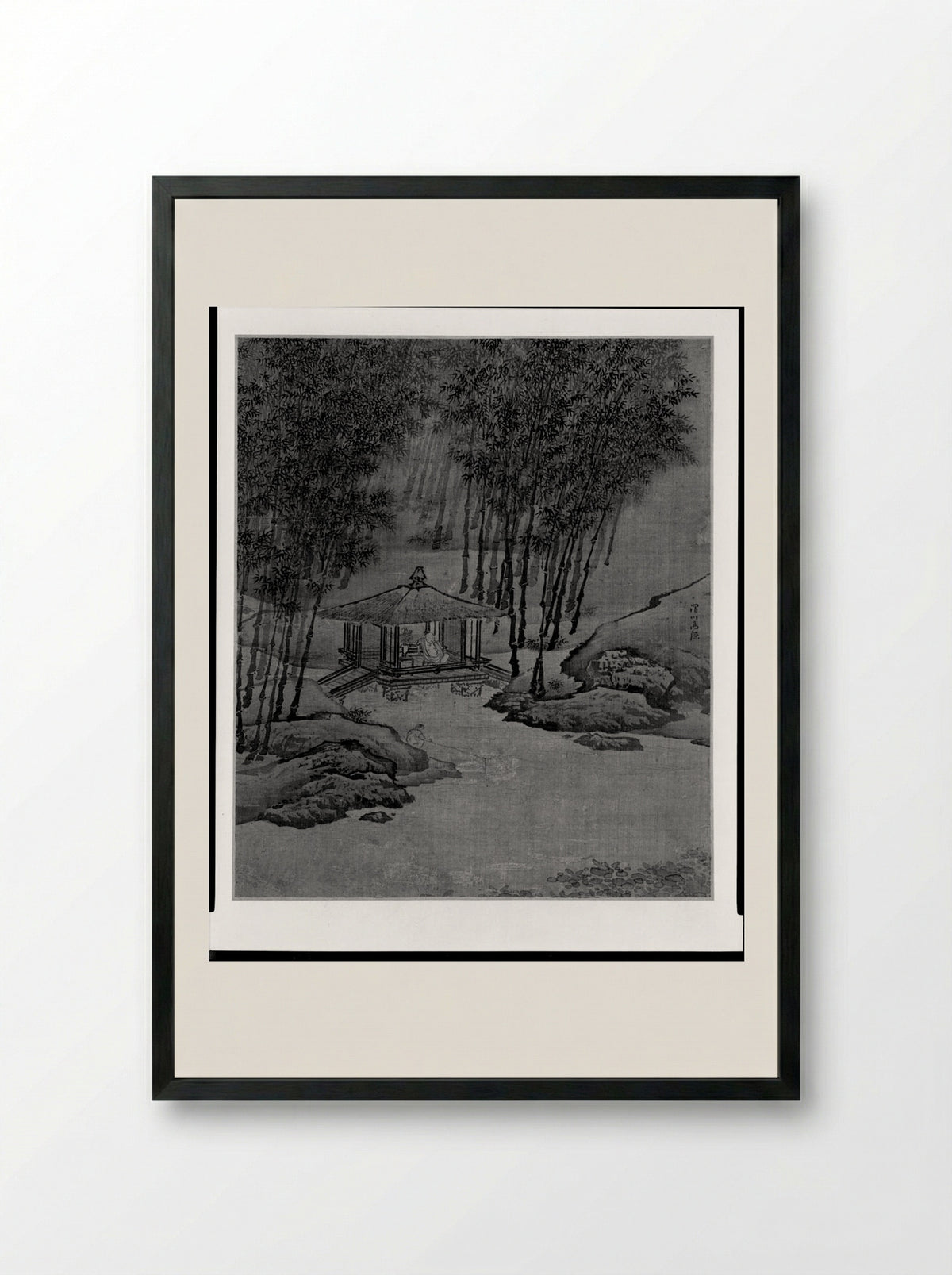 Hermit in a Lodge Built over a Stream - Yuan Yao - Framed Print Black