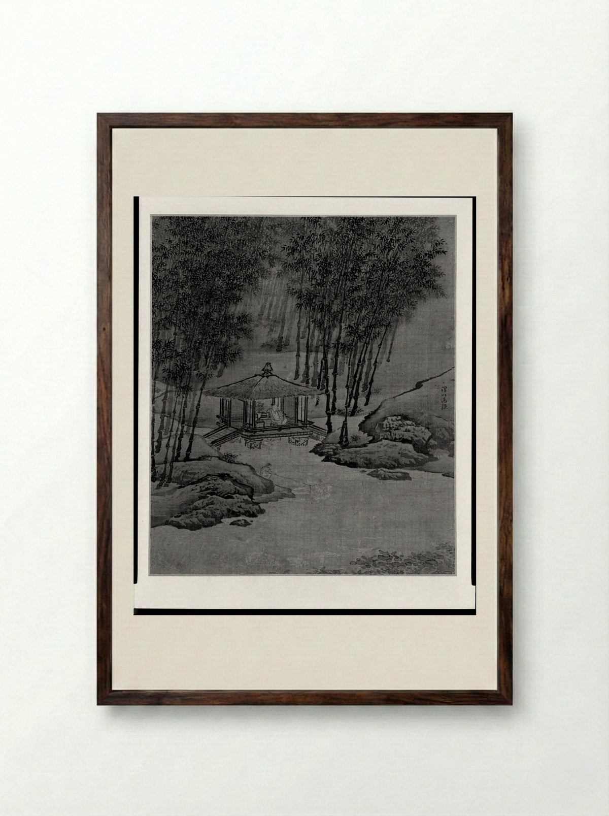 Hermit in a Lodge Built over a Stream - Yuan Yao - Framed Print Dark Wood