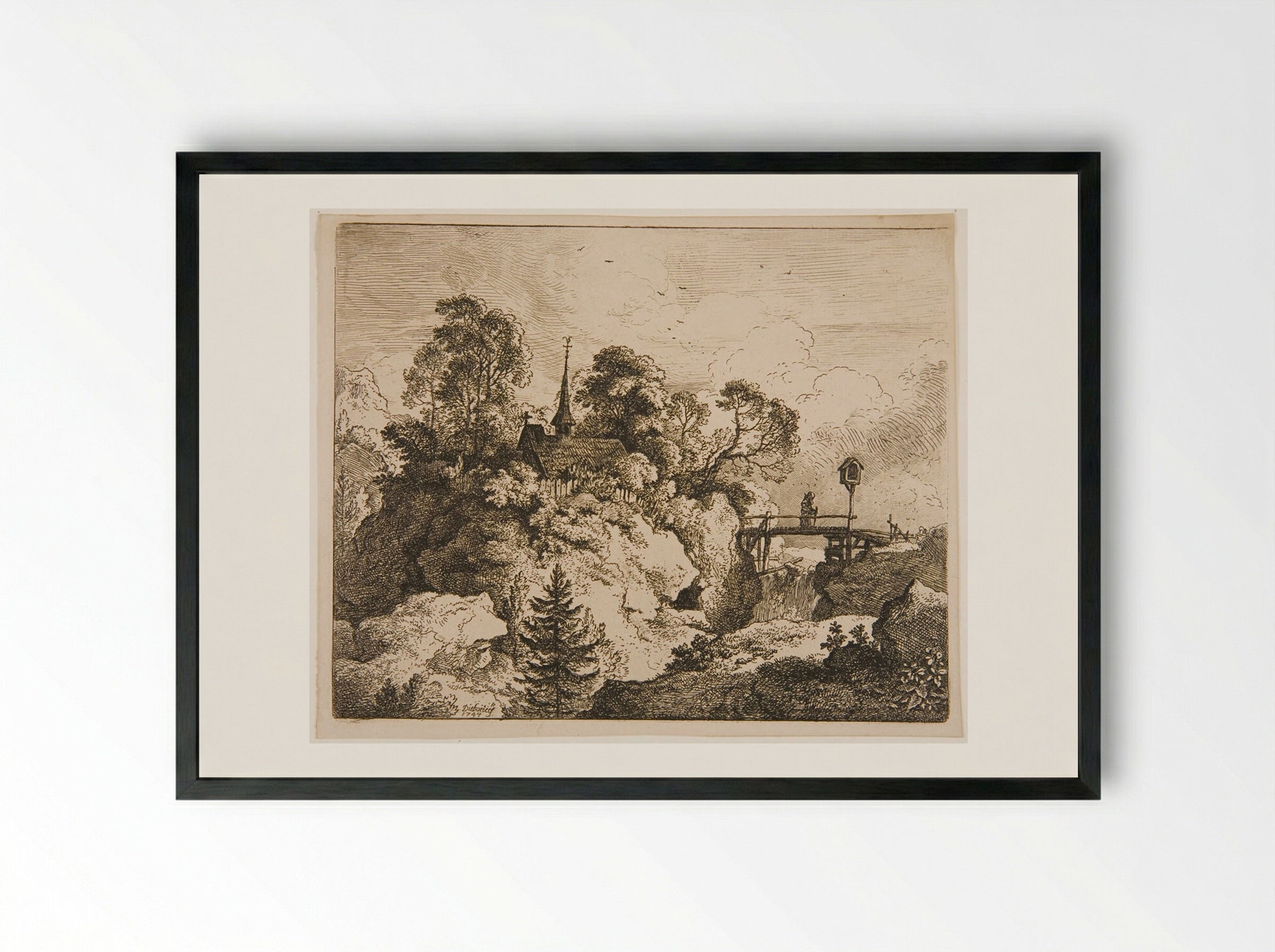 Hermit on a Bridge - Christian Wilhelm Ernst Dietrich - Framed Print Black