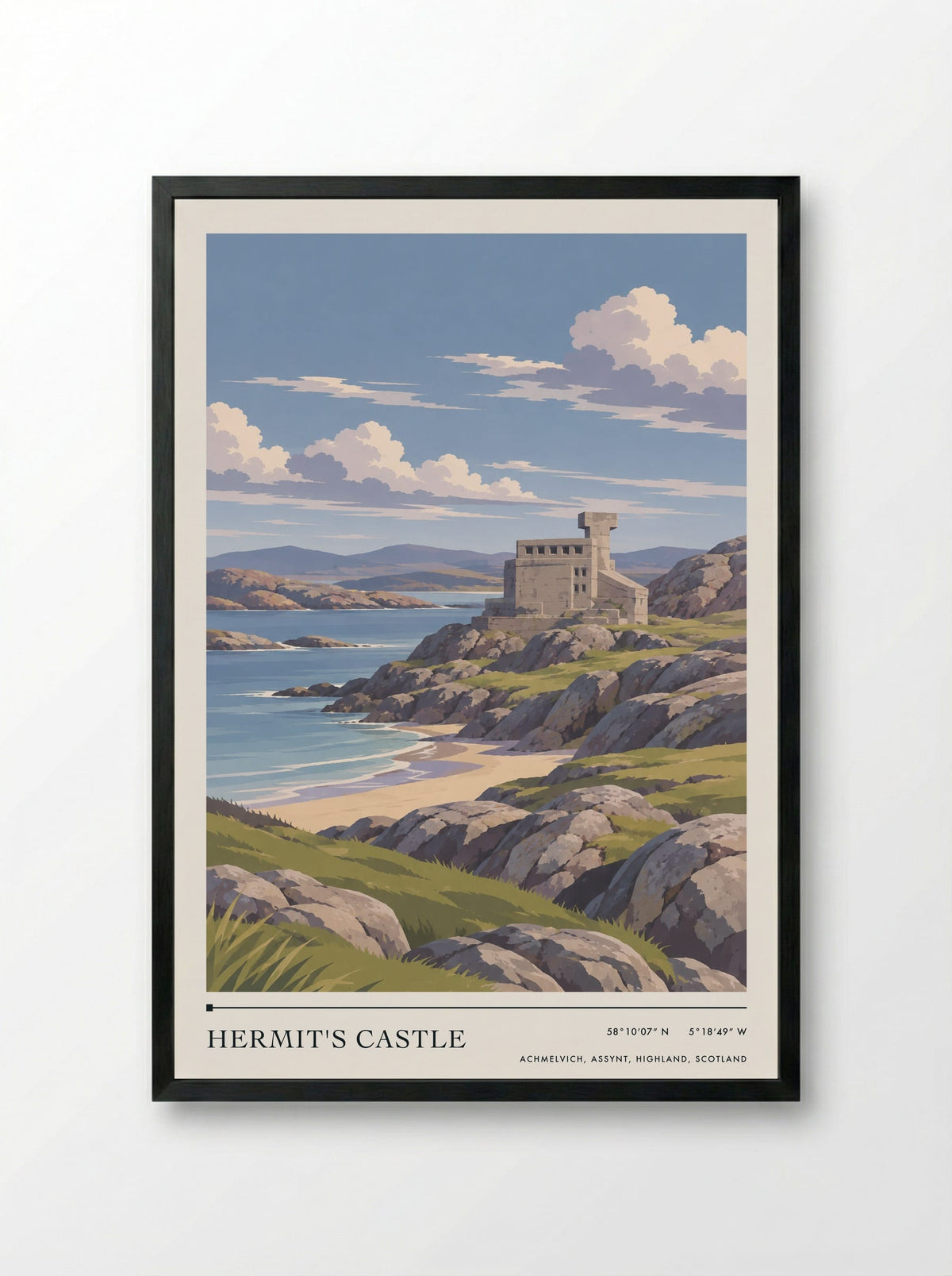 Hermit's Castle, Achmelvich, Assynt, Highland, Scotland | Travel Poster - Framed Print Black