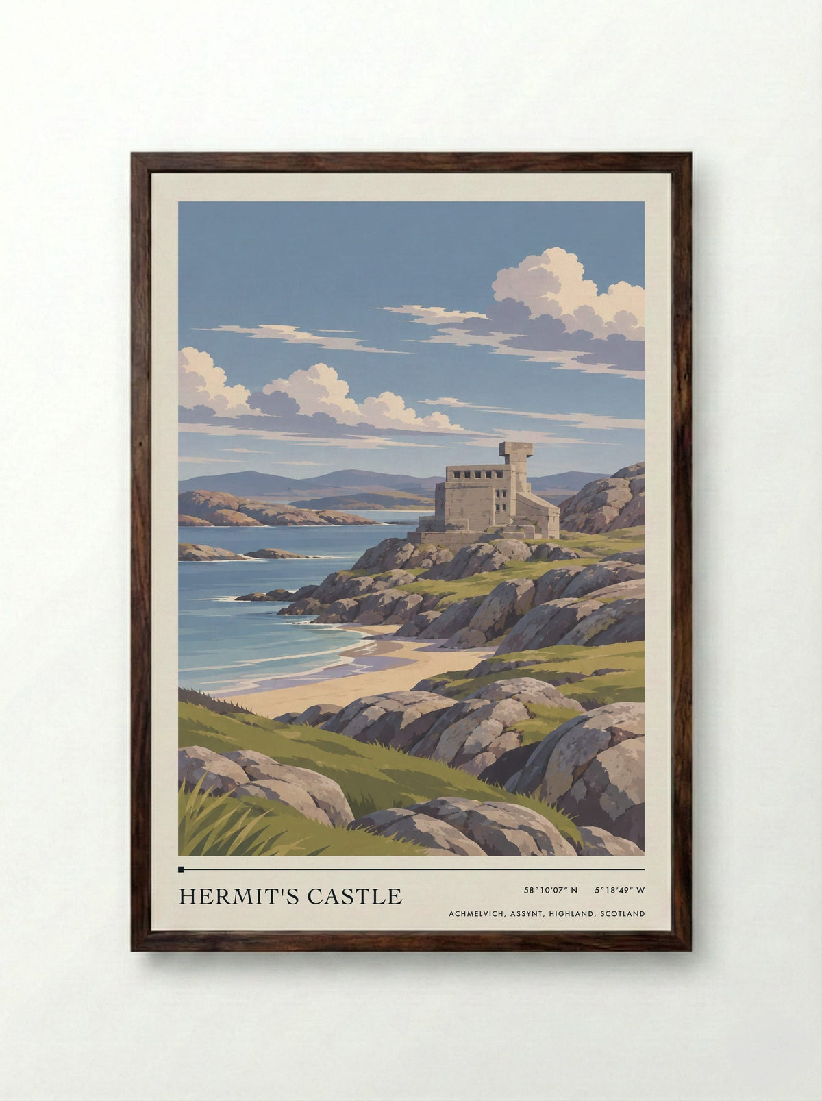 Hermit's Castle, Achmelvich, Assynt, Highland, Scotland | Travel Poster - Framed Print Dark Wood