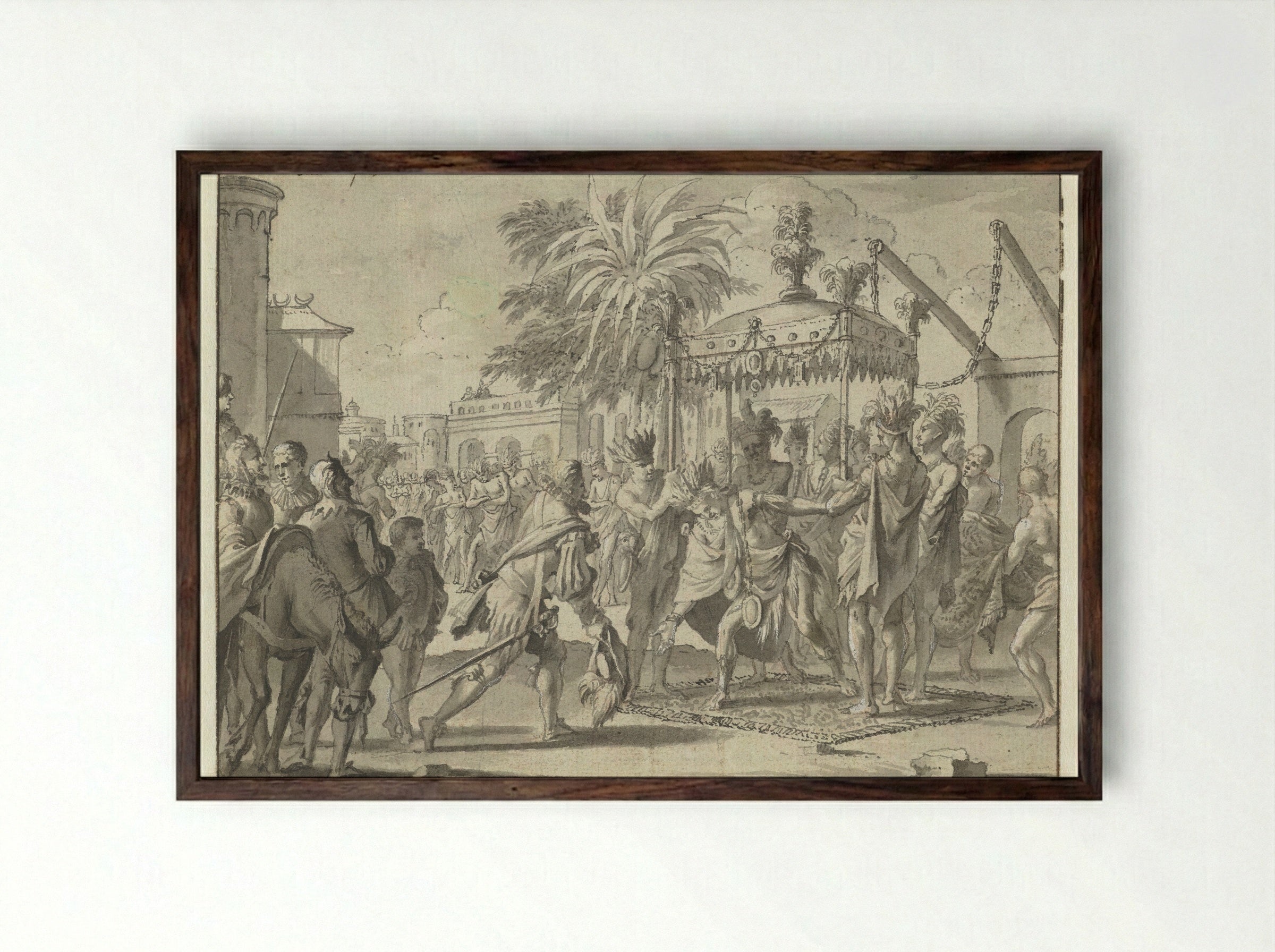 Hernán Cortés wordt door Montezuma ontvangen - Jan Goeree - Framed Print Dark Wood