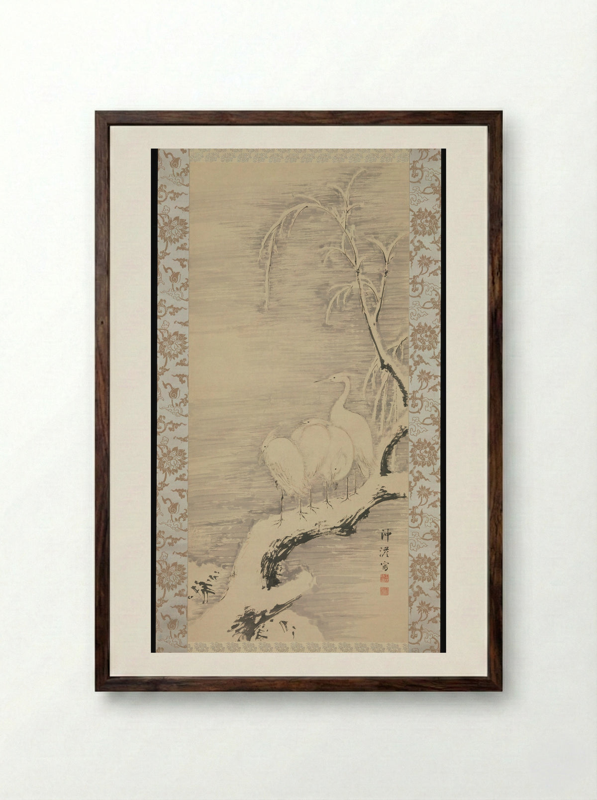 Herons in the Snow - Nakabayashi Chikutō - Framed Print Dark Wood