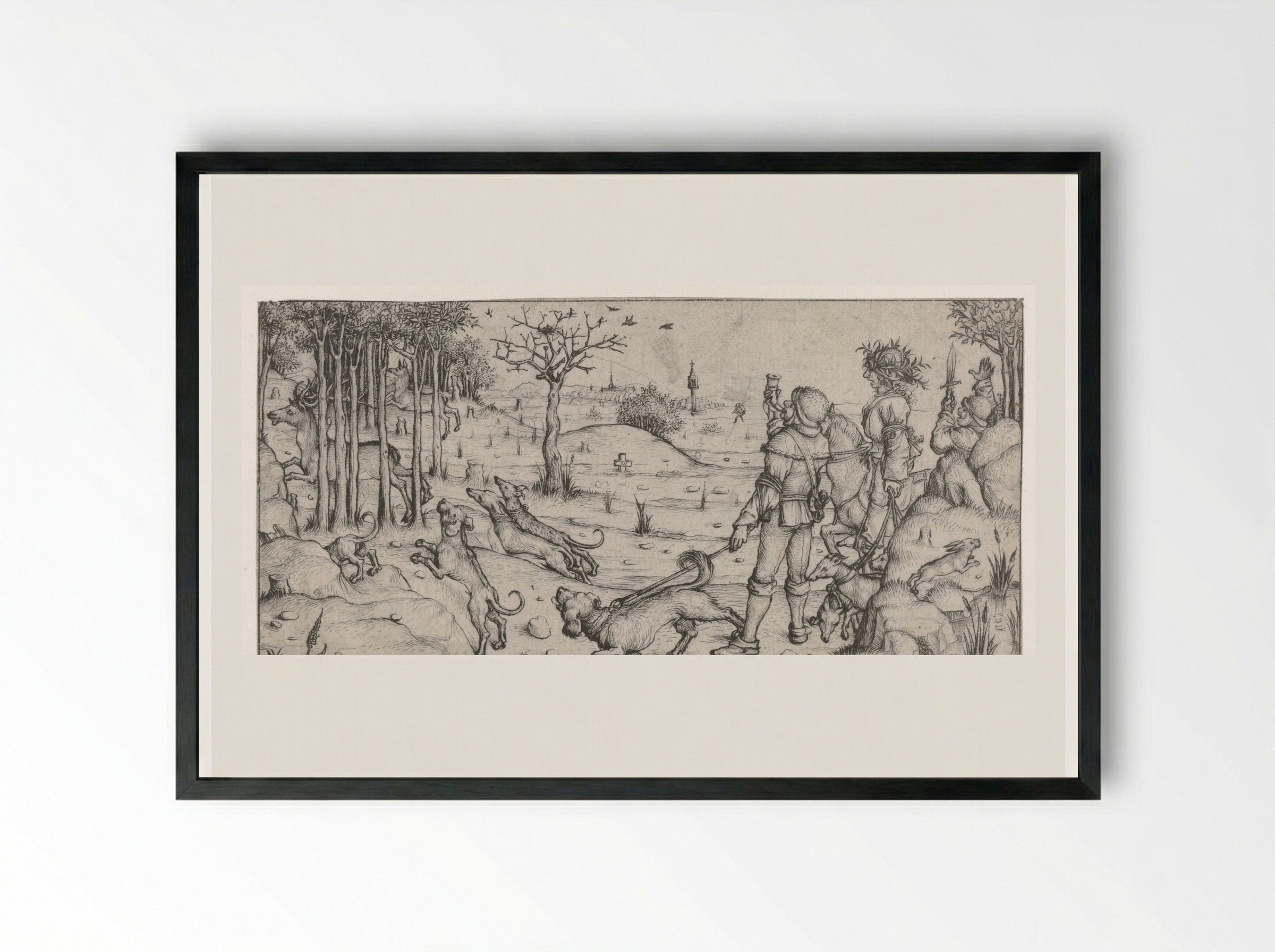 Hertenjacht (The Stag Hunt) - Master of the Amsterdam Cabinet - Framed Print Black