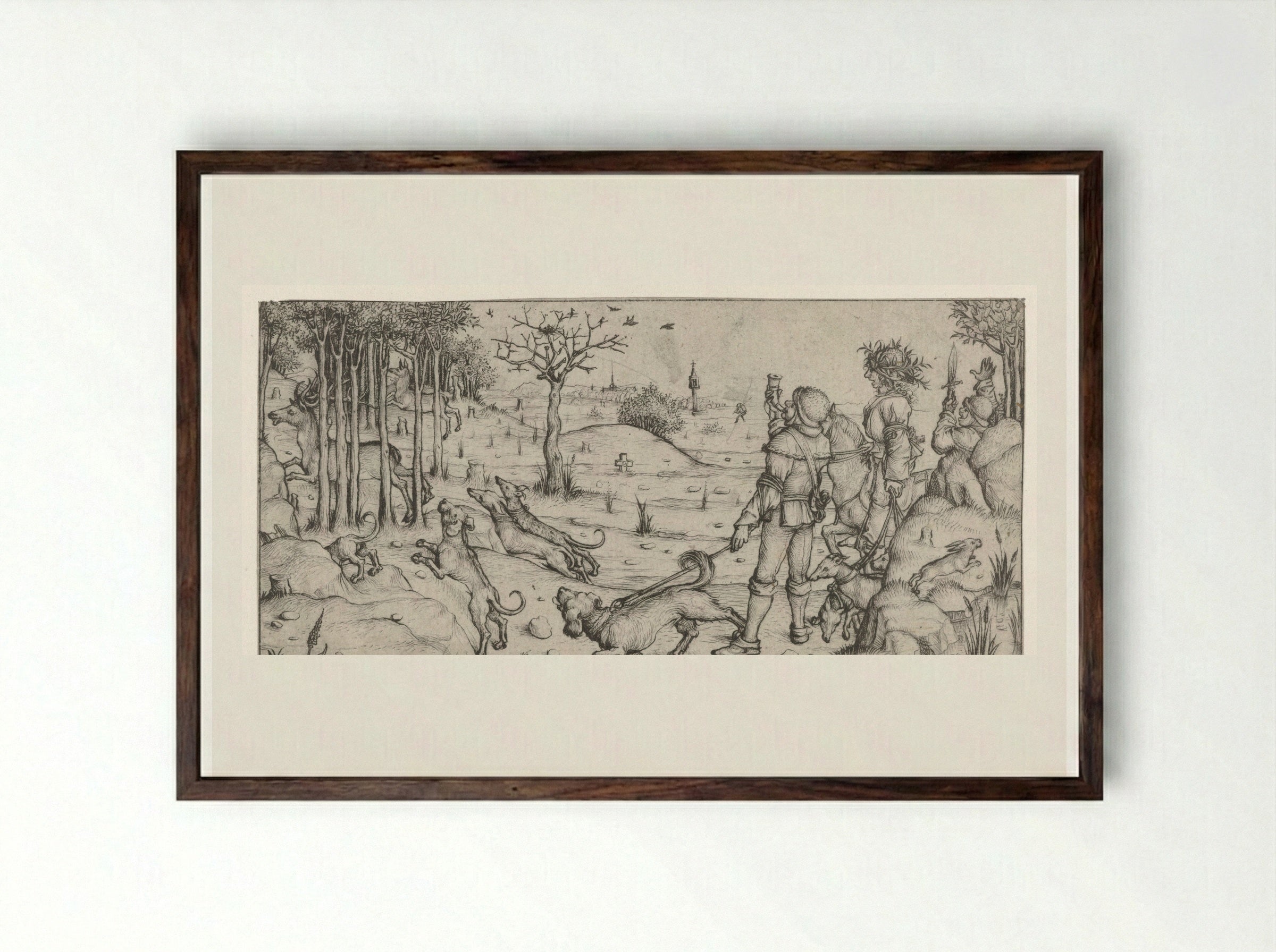 Hertenjacht (The Stag Hunt) - Master of the Amsterdam Cabinet - Framed Print Dark Wood