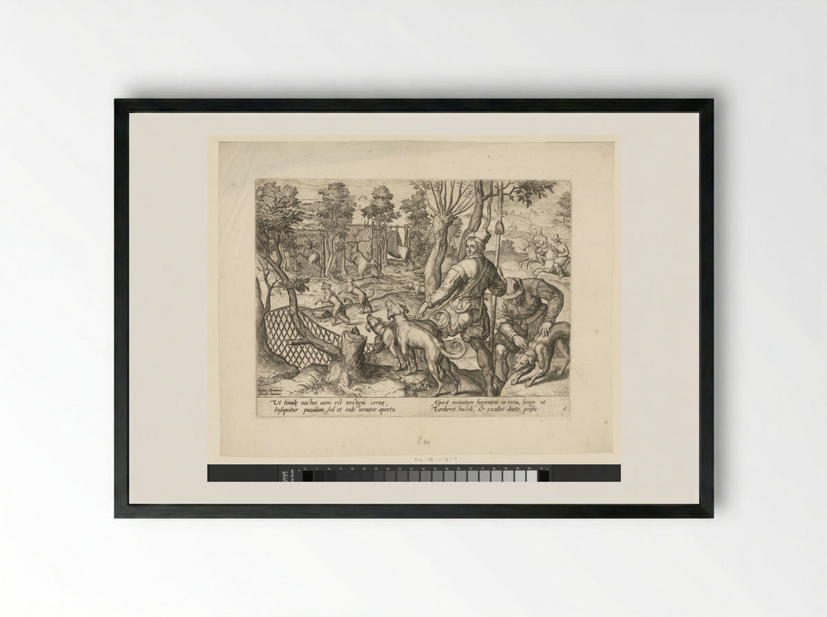 Hertenjacht met honden en vallen - Monogrammist FLB - Framed Print Black