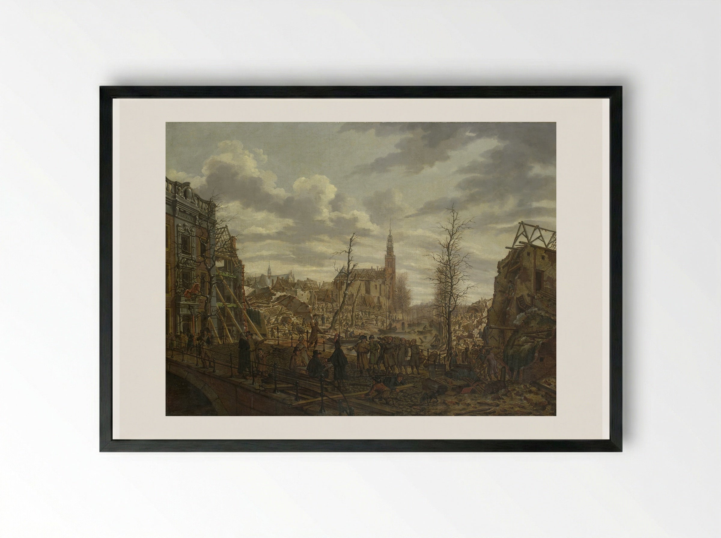 Het Rapenburg te Leiden drie dagen na de ontploffing van het kruitschip - Johannes Jelgerhuis - Framed Print Black