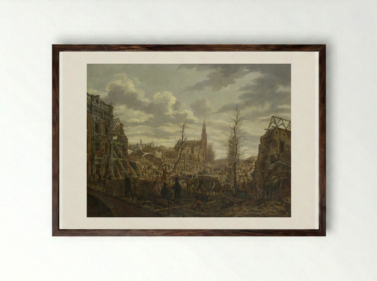 Het Rapenburg te Leiden drie dagen na de ontploffing van het kruitschip - Johannes Jelgerhuis - Framed Print Dark Wood