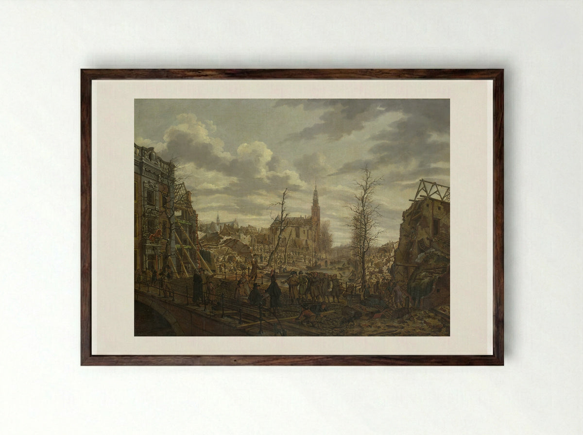 Het Rapenburg te Leiden drie dagen na de ontploffing van het kruitschip - Johannes Jelgerhuis - Framed Print Dark Wood