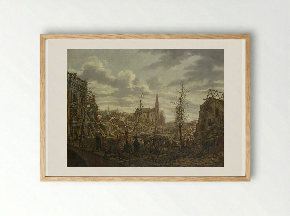 Het Rapenburg te Leiden drie dagen na de ontploffing van het kruitschip - Johannes Jelgerhuis - Framed Print Wood