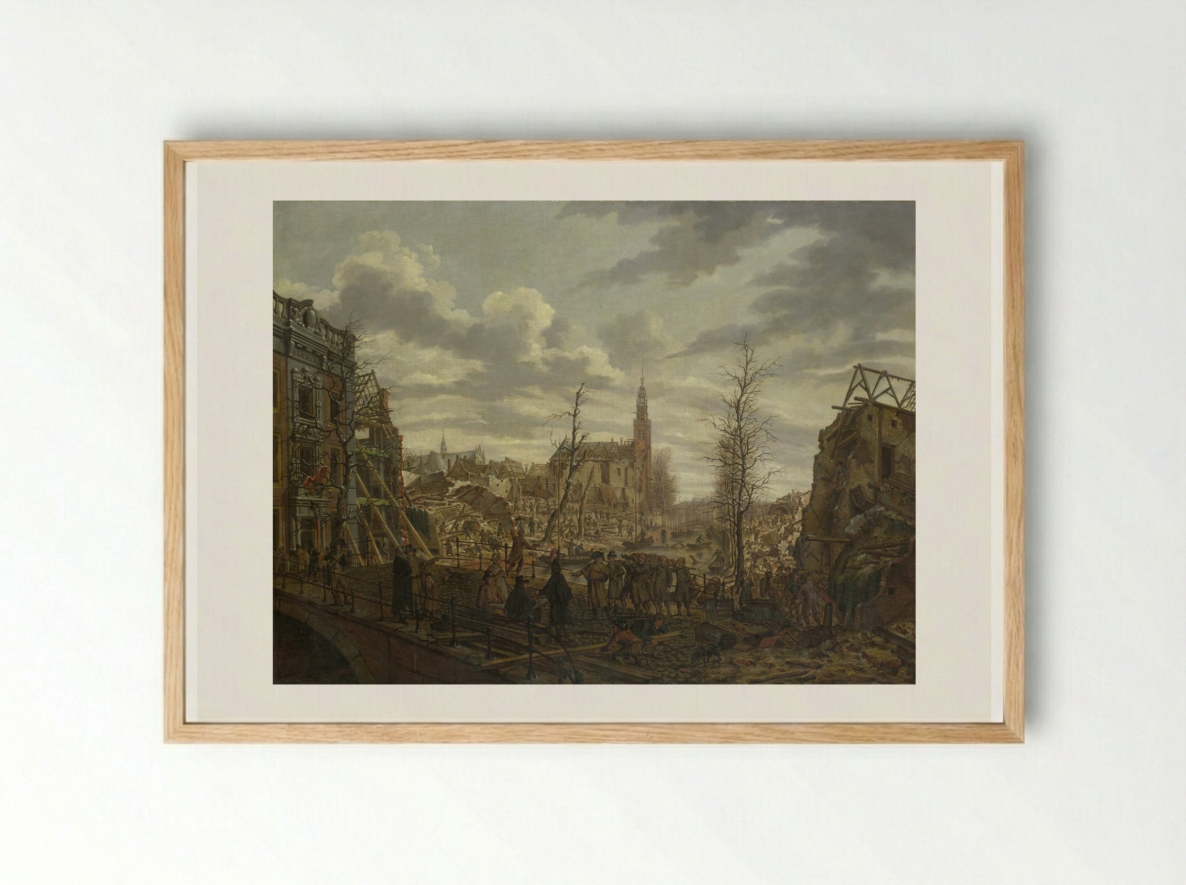 Het Rapenburg te Leiden drie dagen na de ontploffing van het kruitschip - Johannes Jelgerhuis - Framed Print Wood