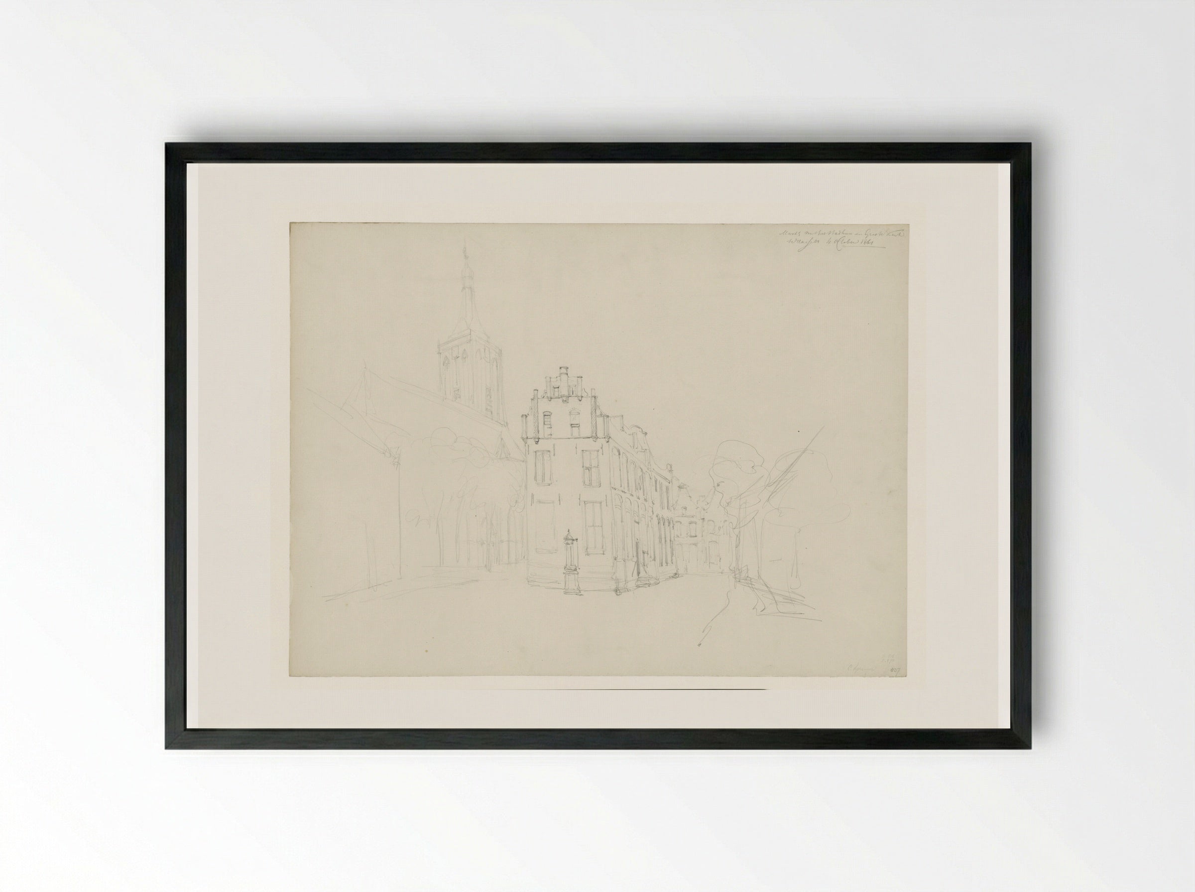 Het Stadhuis en de Grote Kerk te Hasselt - Cornelis Springer - Framed Print Black