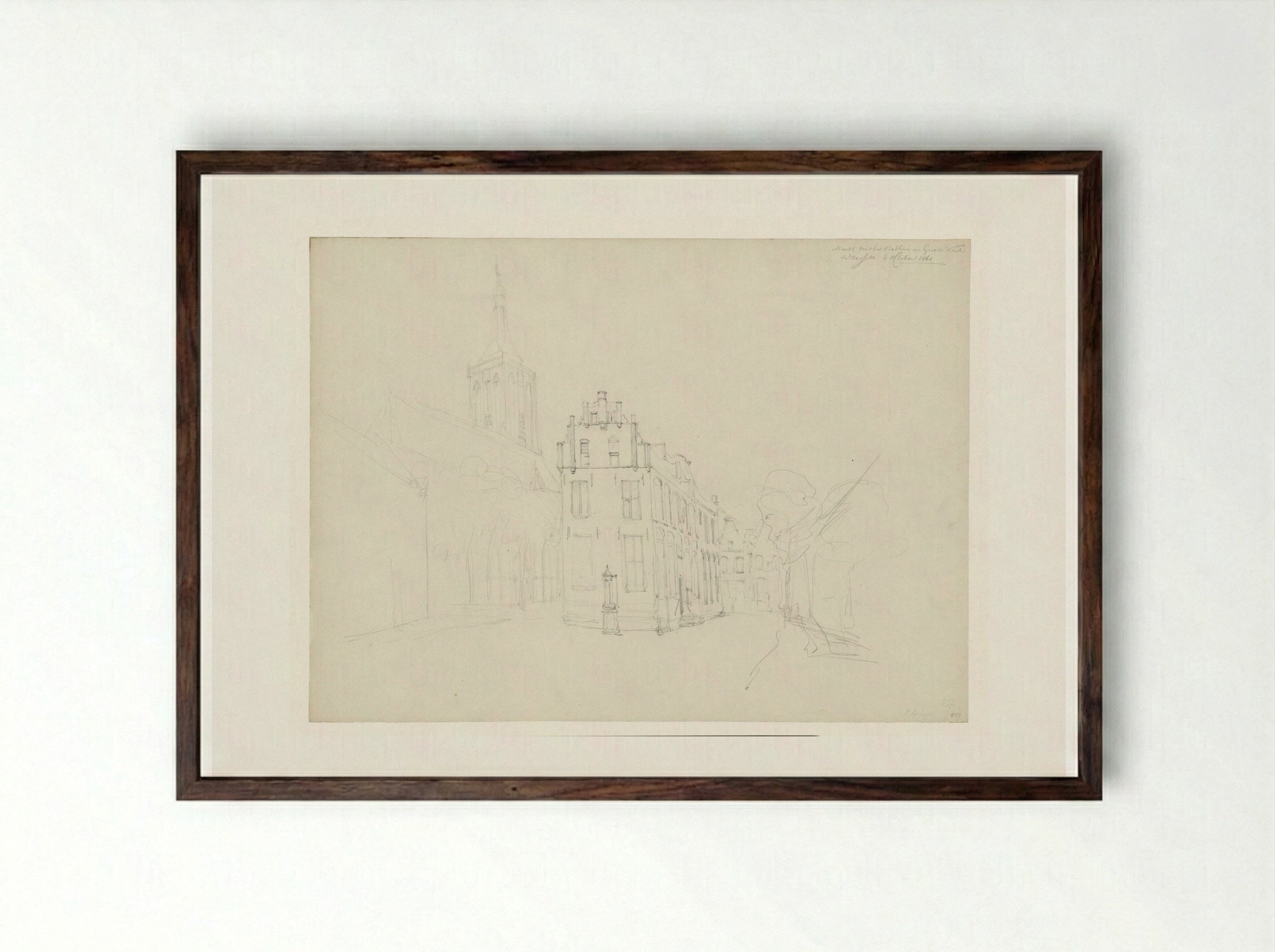 Het Stadhuis en de Grote Kerk te Hasselt - Cornelis Springer - Framed Print Dark Wood