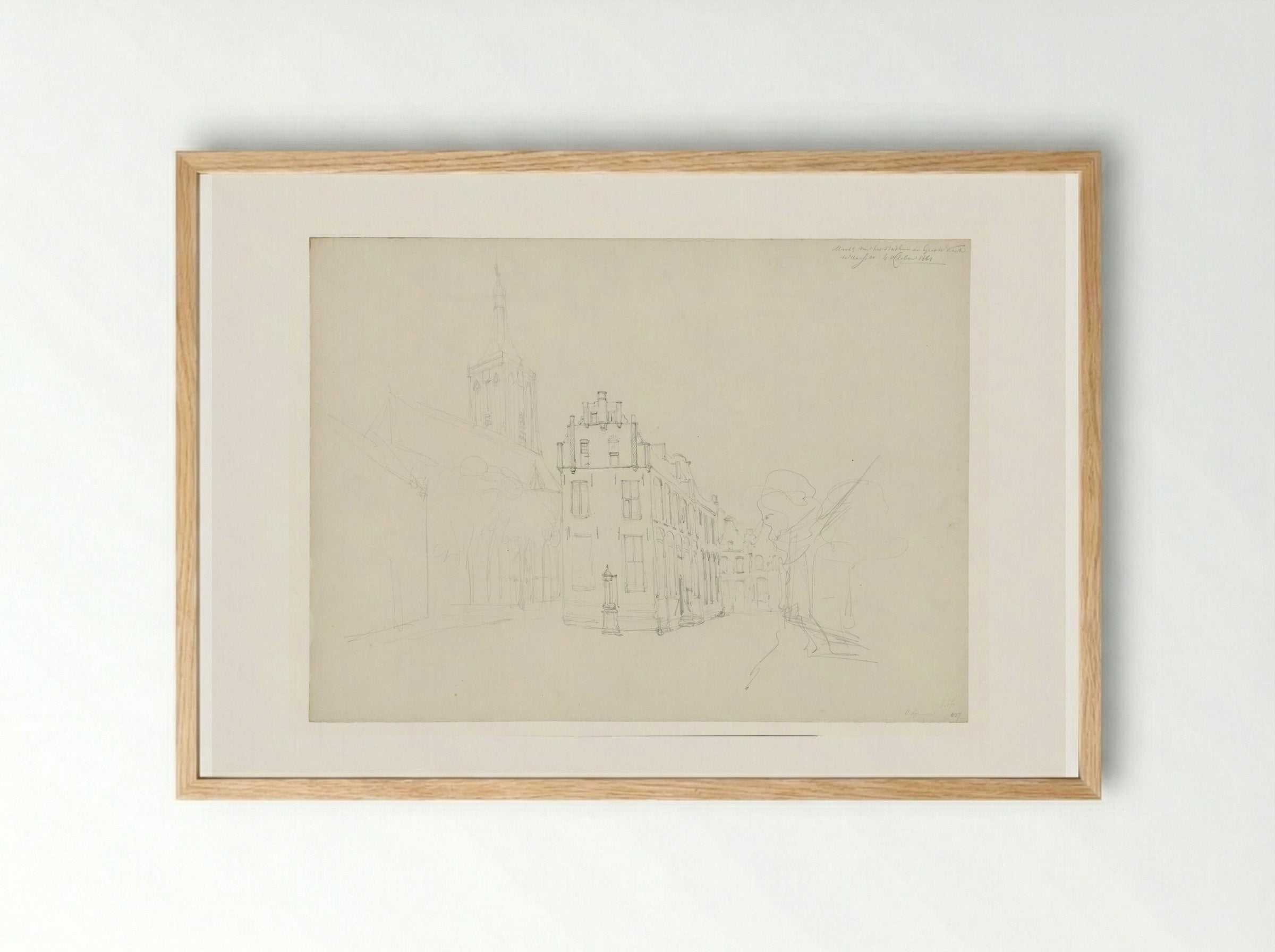 Het Stadhuis en de Grote Kerk te Hasselt - Cornelis Springer - Framed Print Wood