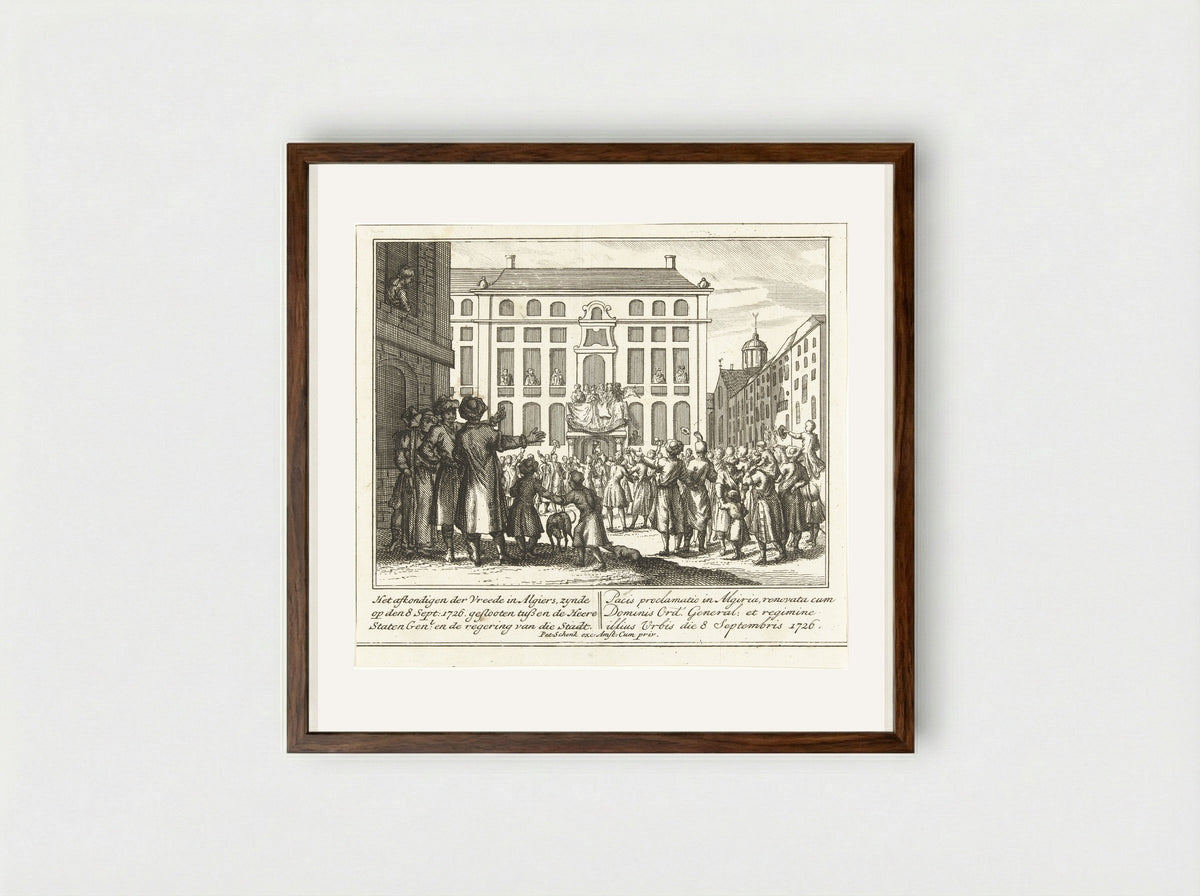 Het afkondigen van de vrede gesloten tussen de Staten-Generaal en het bestuur van Algiers - Leonard Schenk - Framed Print Dark Wood