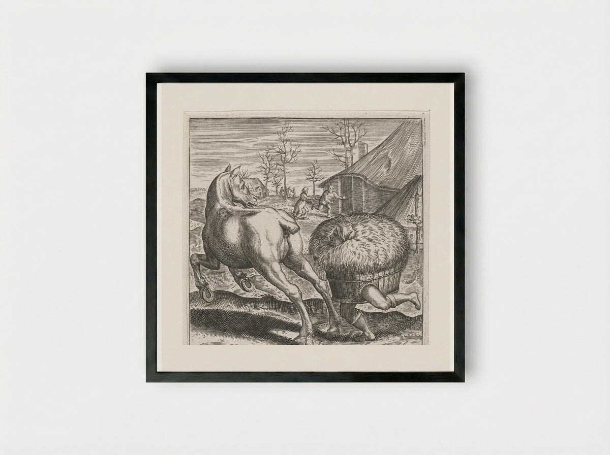 Het hooi loopt het paard achterna - Johann Theodor de Bry - Framed Print Black