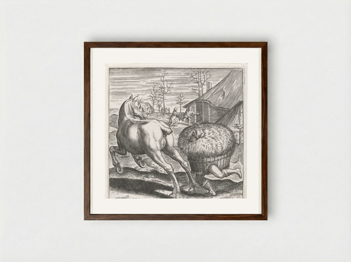 Het hooi loopt het paard achterna - Johann Theodor de Bry - Framed Print Dark Wood