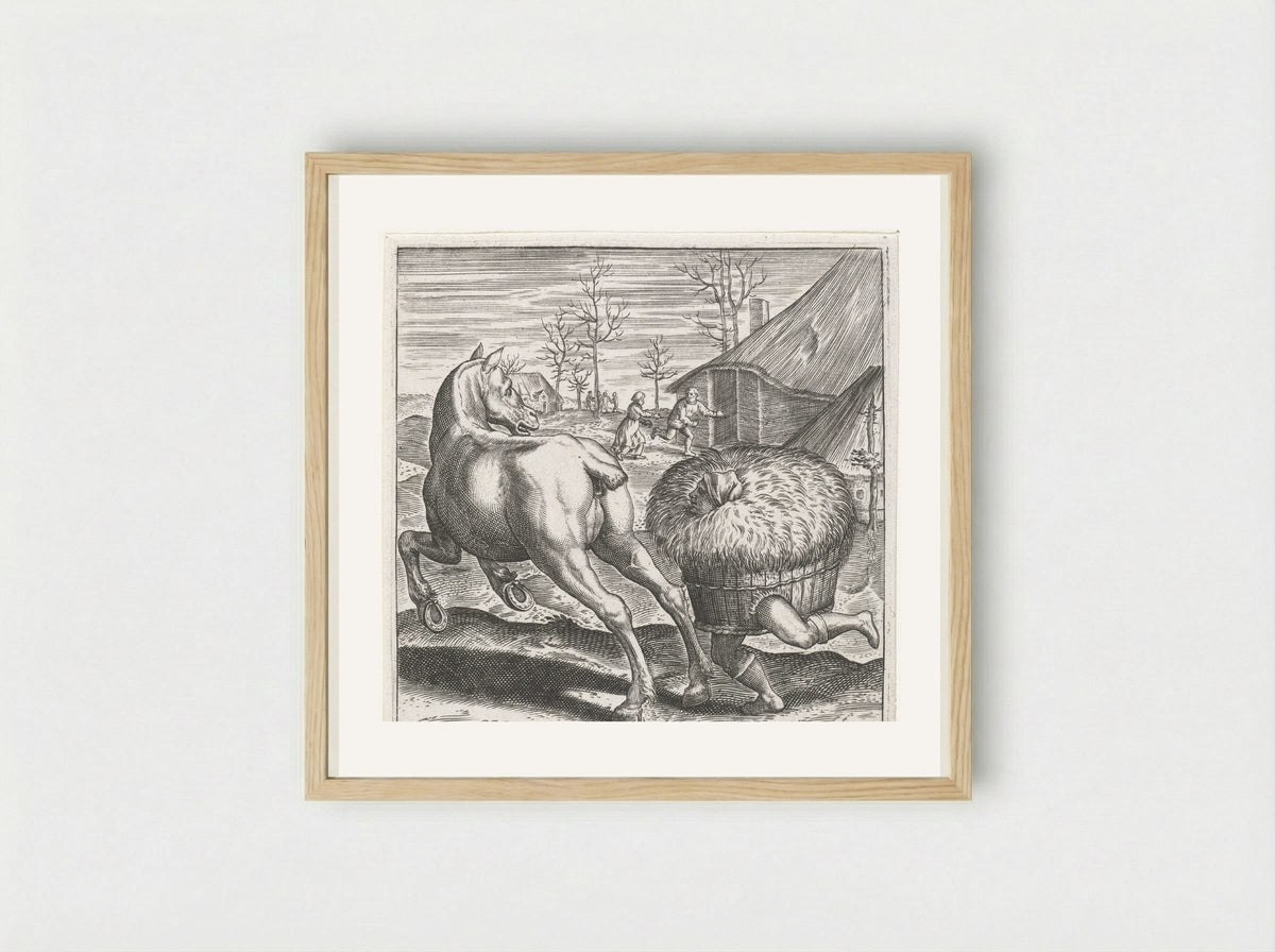 Het hooi loopt het paard achterna - Johann Theodor de Bry - Framed Print Wood
