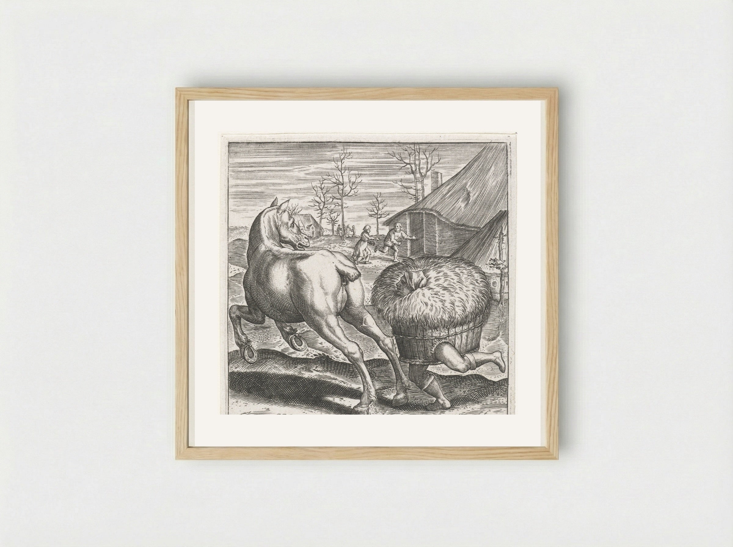 Het hooi loopt het paard achterna - Johann Theodor de Bry - Framed Print Wood