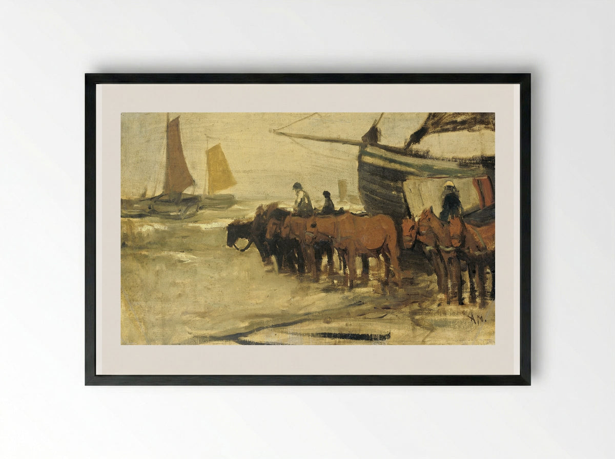 Het in zee brengen van een visserspink - Anton Mauve - Framed Print Black