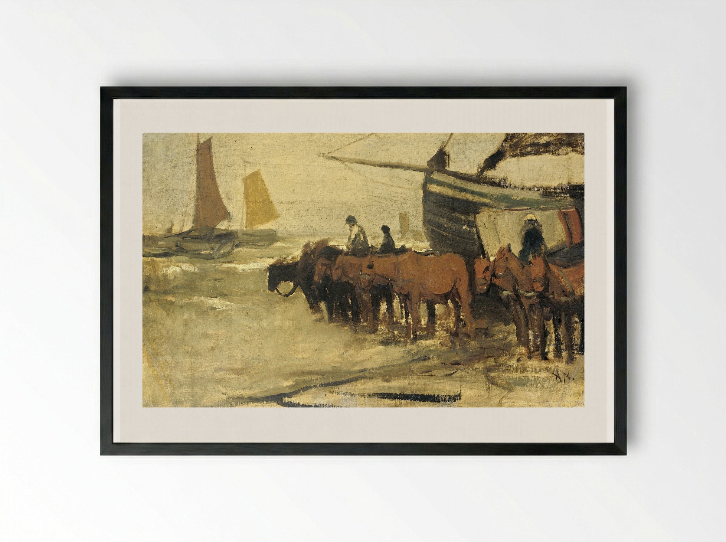 Het in zee brengen van een visserspink - Anton Mauve - Framed Print Black