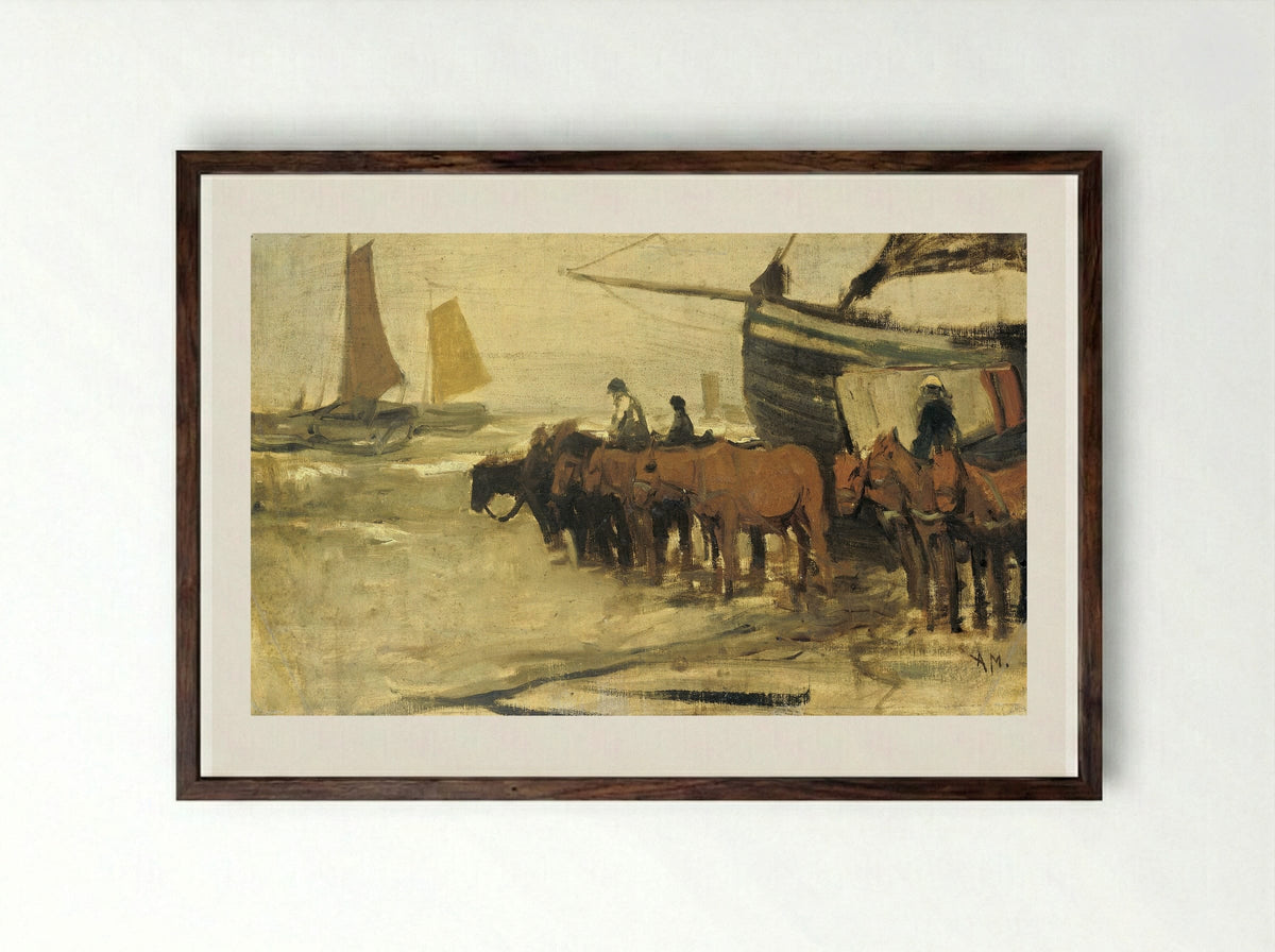 Het in zee brengen van een visserspink - Anton Mauve - Framed Print Dark Wood