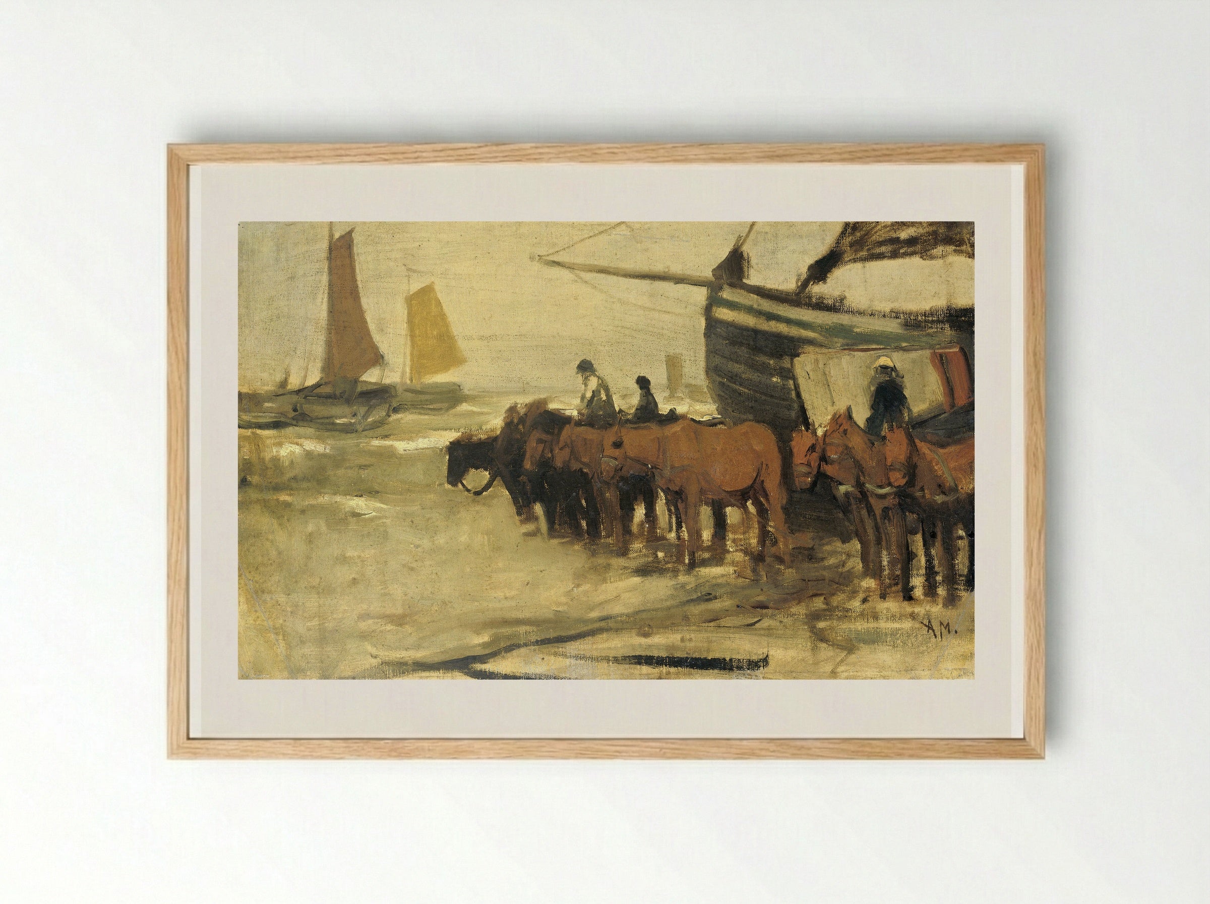 Het in zee brengen van een visserspink - Anton Mauve - Framed Print Wood