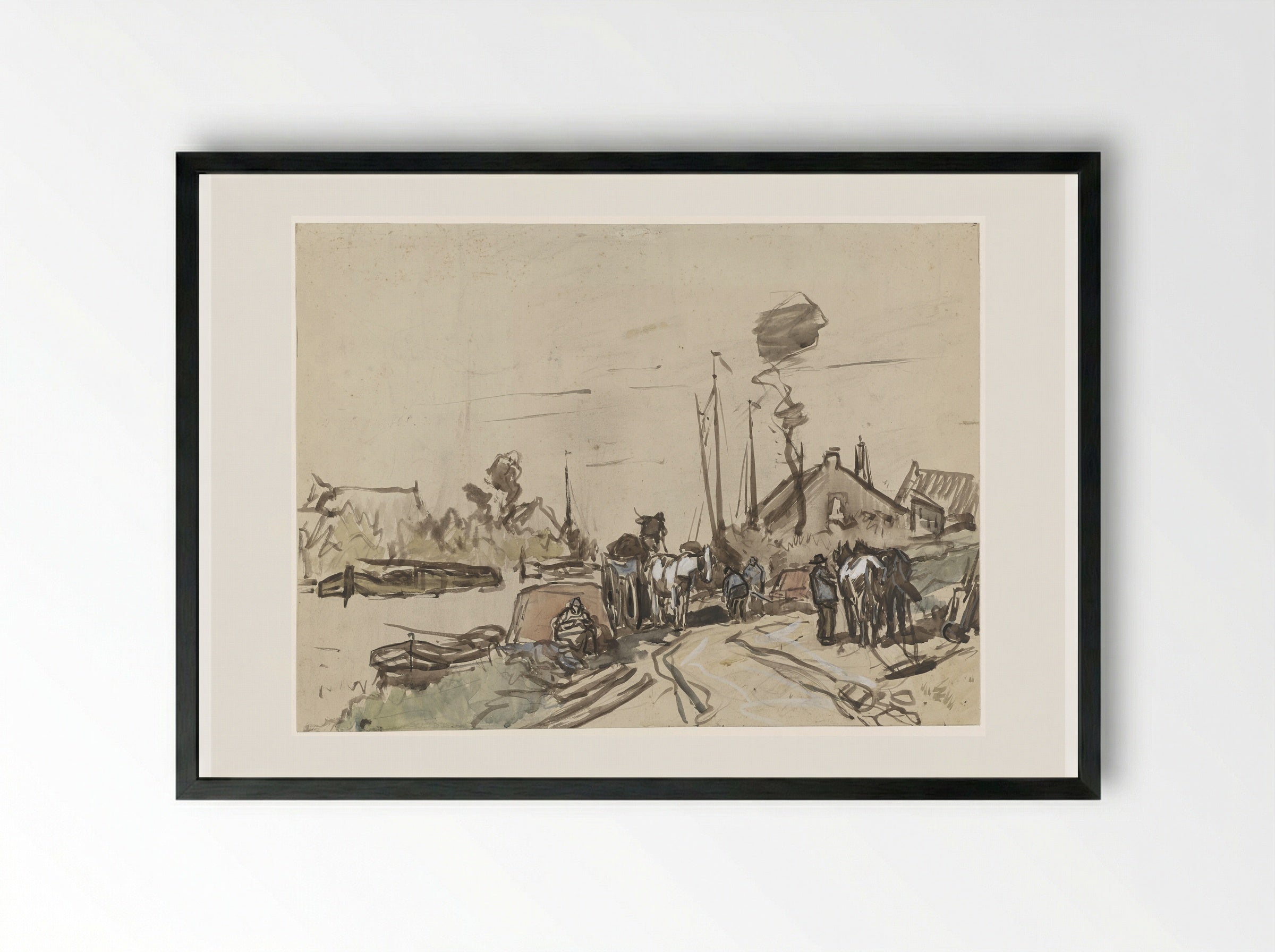 Het lossen van karren bij een vaart - Jan van Essen - Framed Print Black