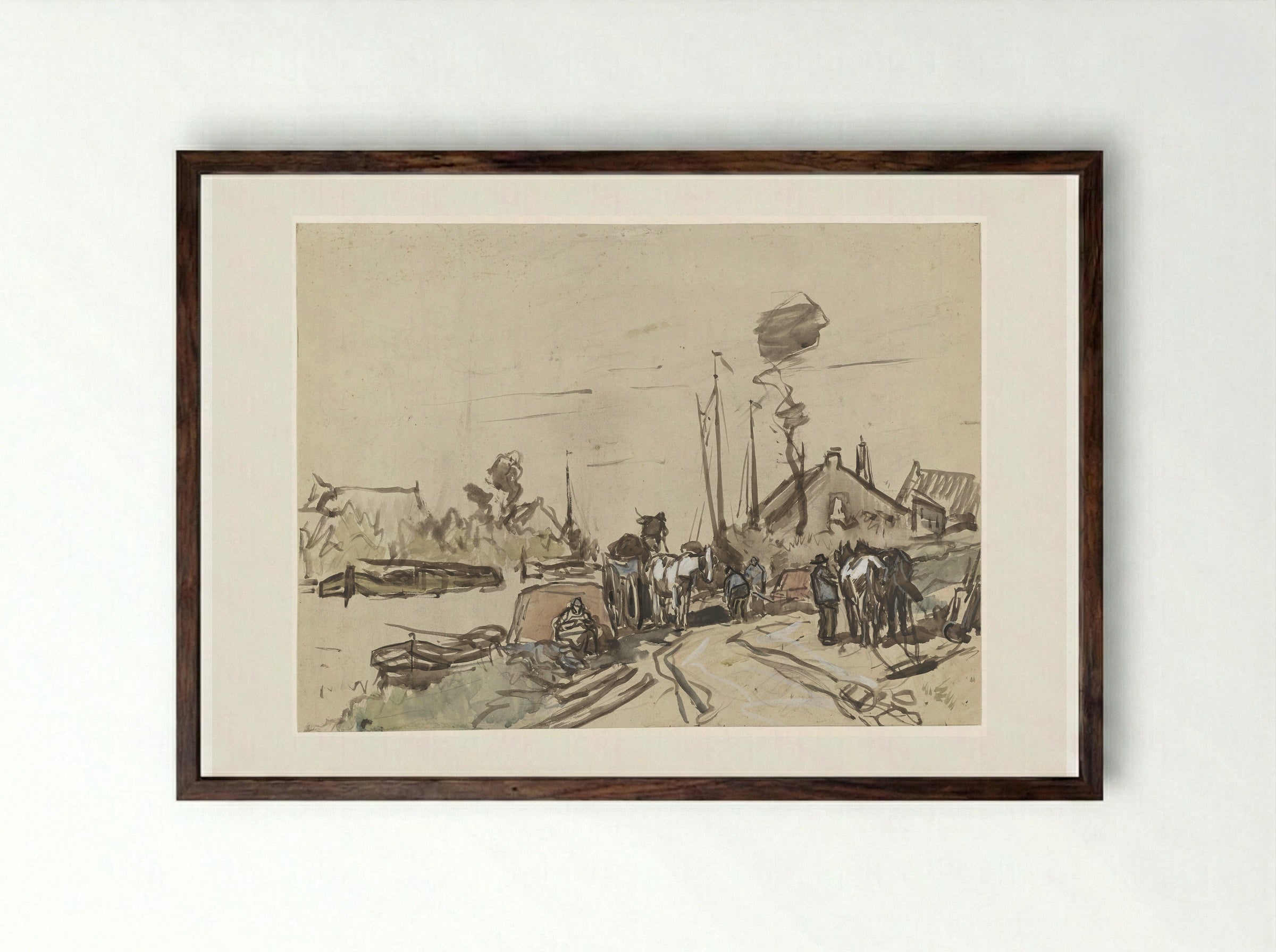 Het lossen van karren bij een vaart - Jan van Essen - Framed Print Dark Wood