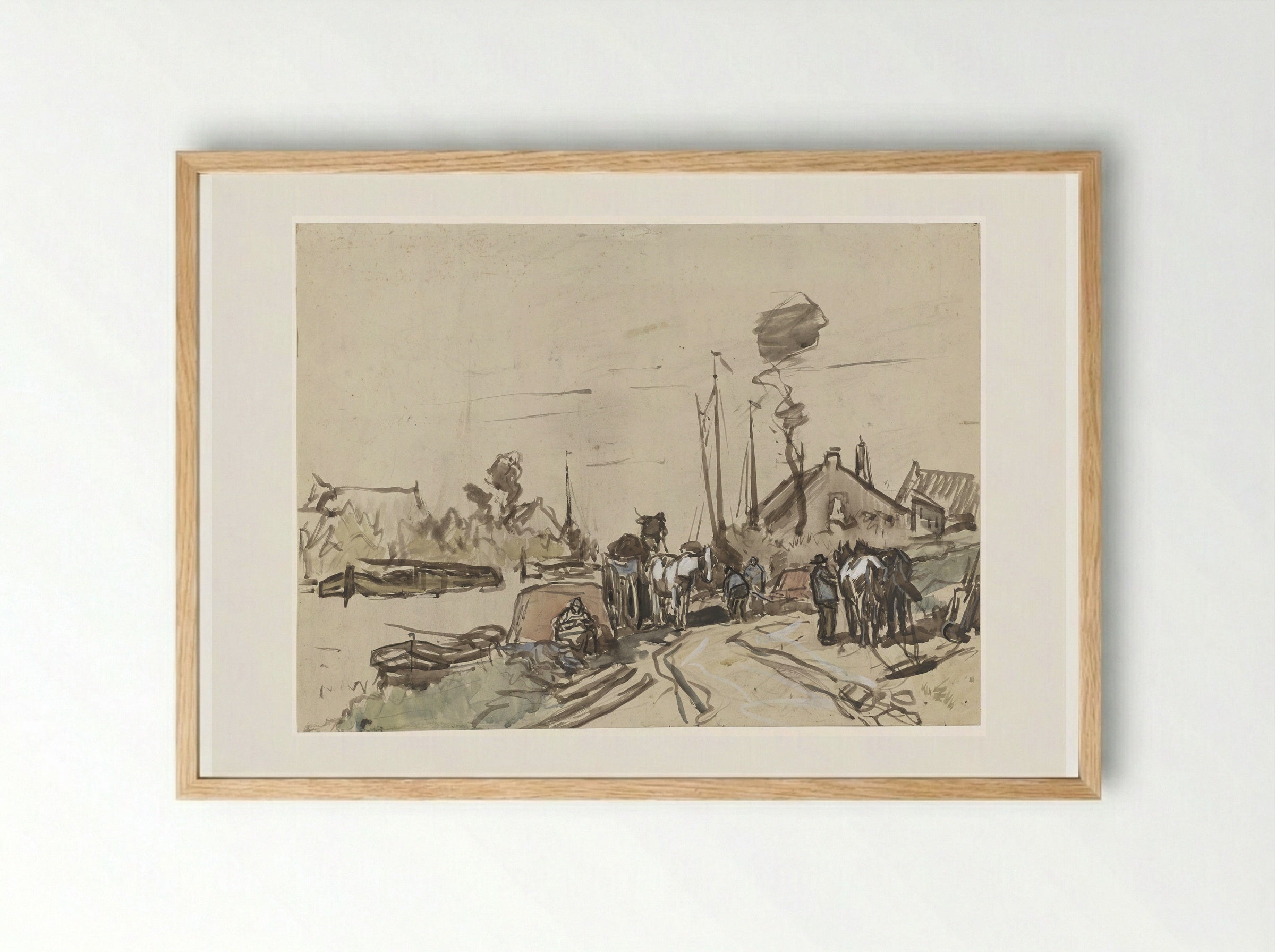 Het lossen van karren bij een vaart - Jan van Essen - Framed Print Wood