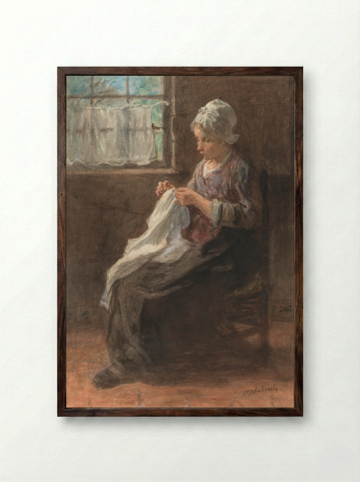 Het naaistertje - Jozef Israëls - Framed Print Dark Wood