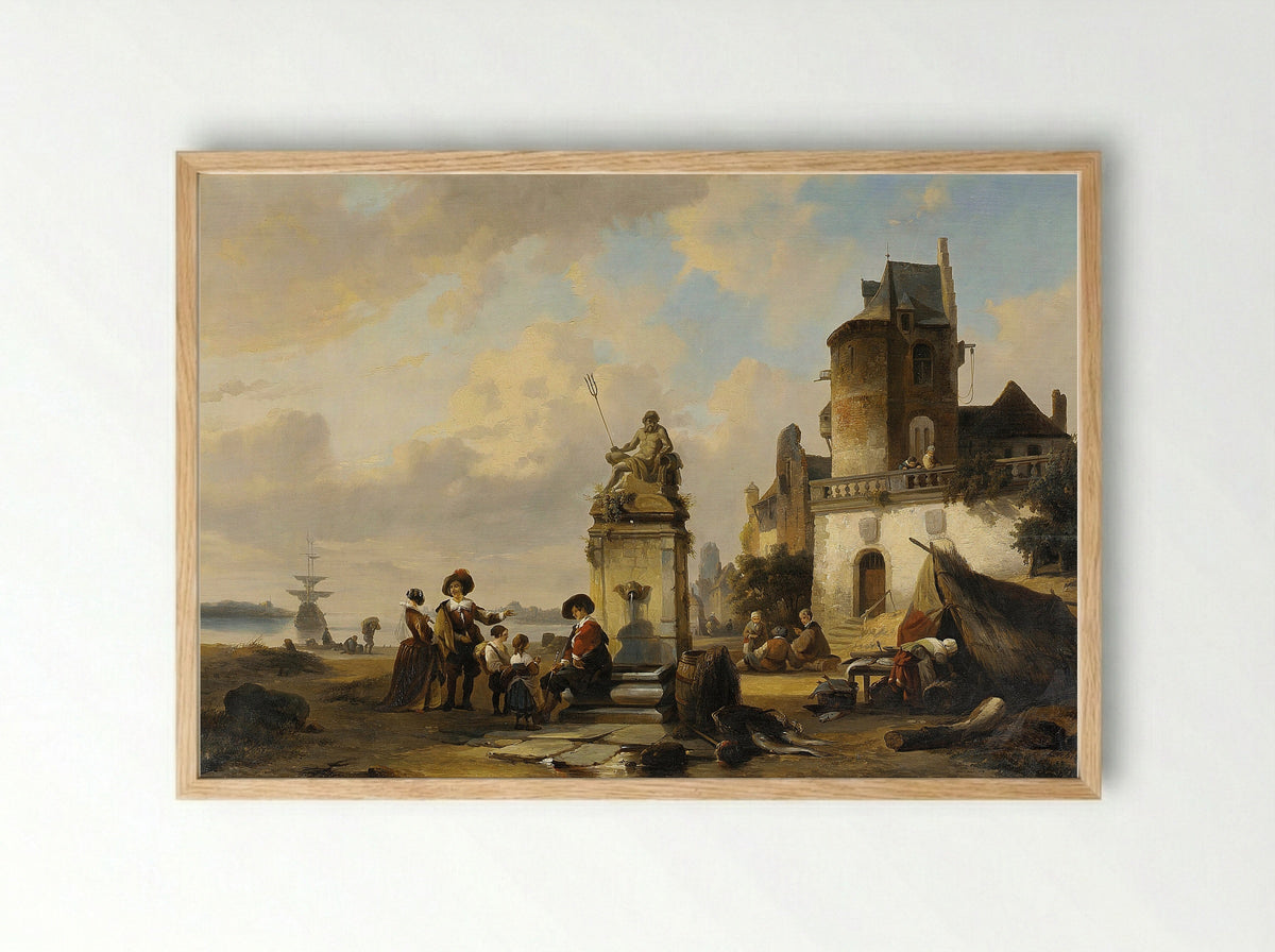Het vertrek van boten uit een dorp - Henri Adolphe Schaep - Framed Print Wood