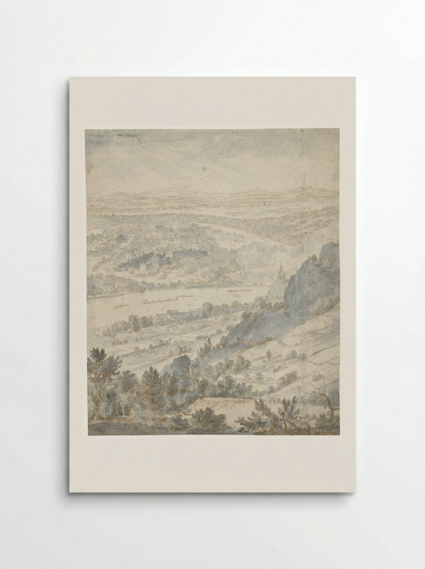 Heuvelachtig landschap met een dorp aan een rivier - Roelant Savery - Poster