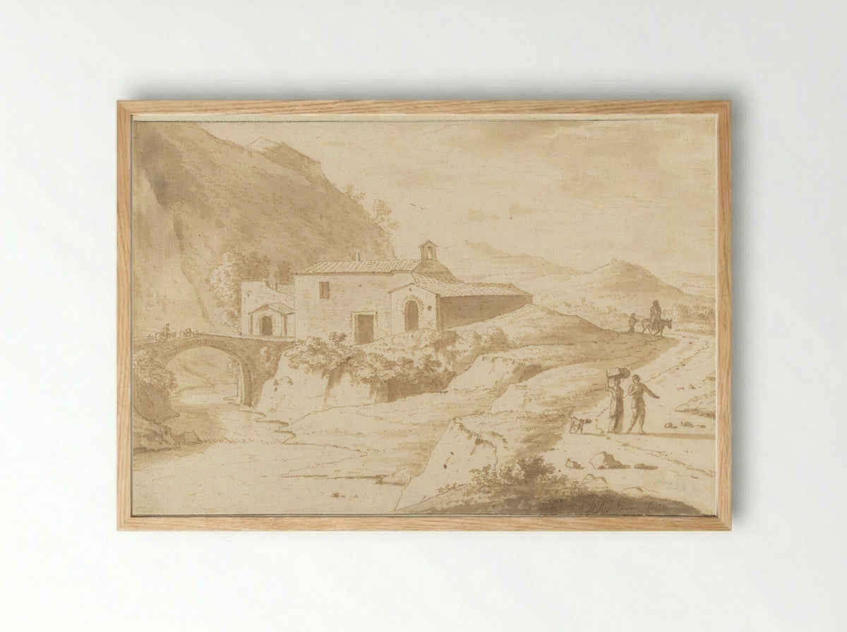 Heuvellandschap met een kapel bij een brug - Bartholomeus Appelman - Framed Print Wood
