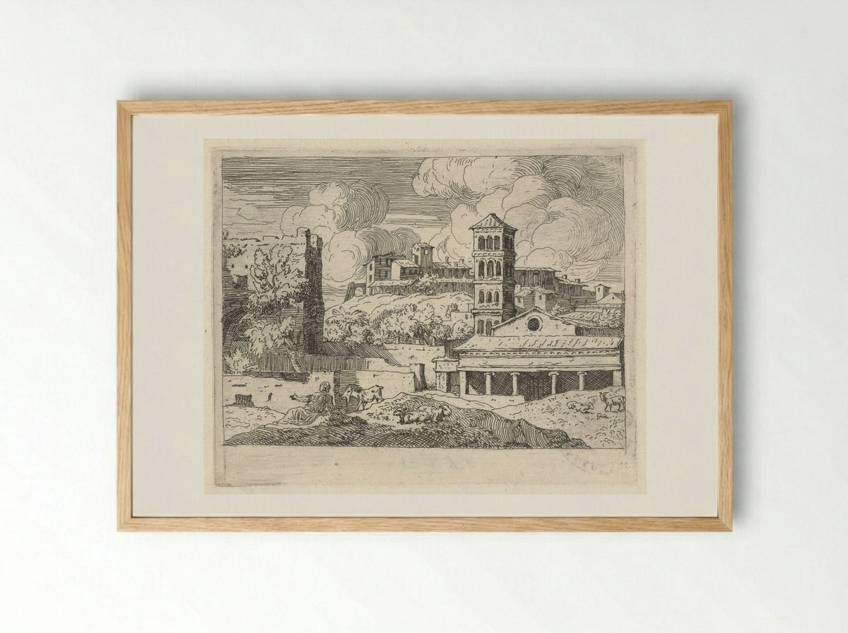 Heuvellandschap met gezicht op een stad - Govert van der Leeuw - Framed Print Wood