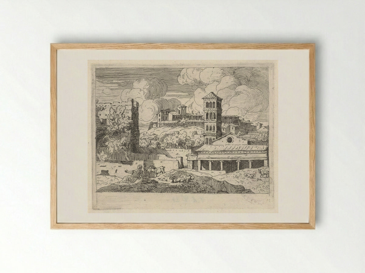 Heuvellandschap met gezicht op een stad - Govert van der Leeuw - Framed Print Wood
