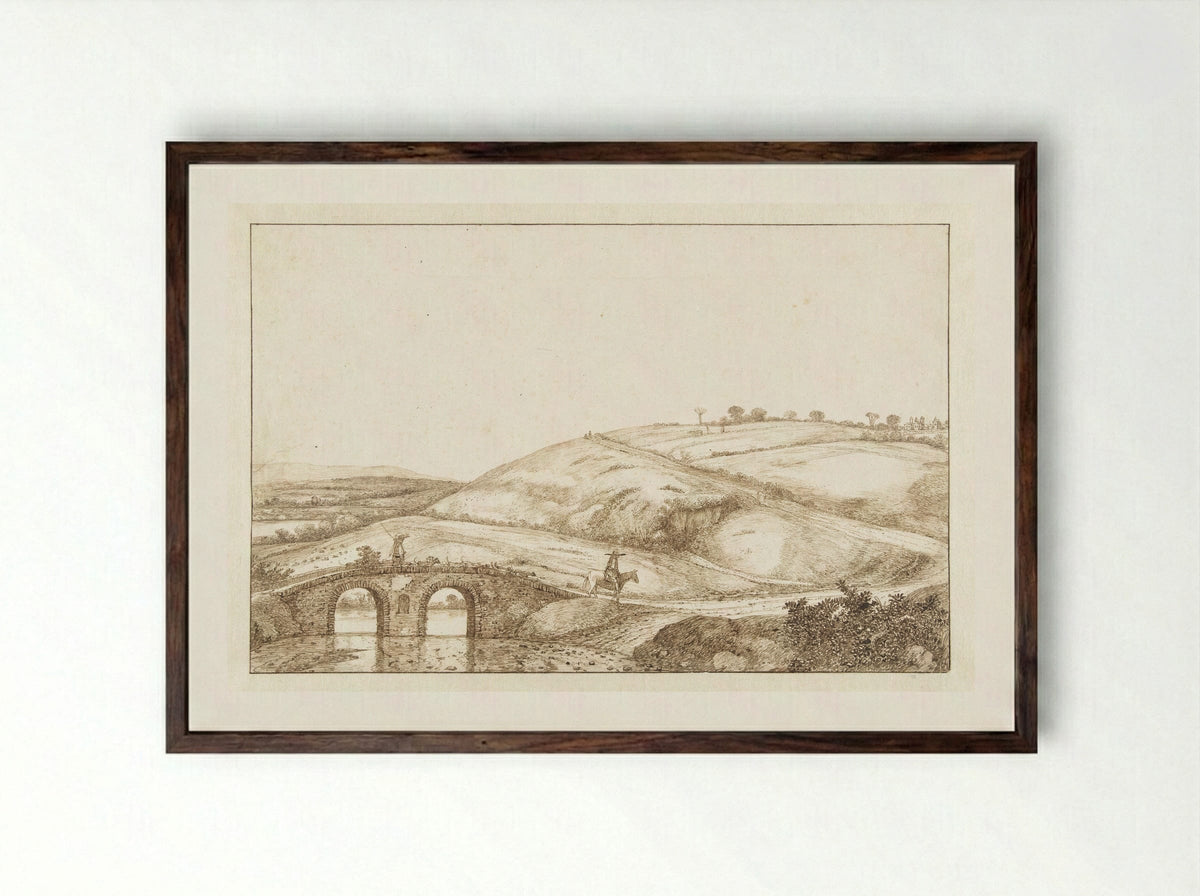 Heuvellandschap met stenen brug - Cornelis Hendriksz. Vroom - Framed Print Dark Wood